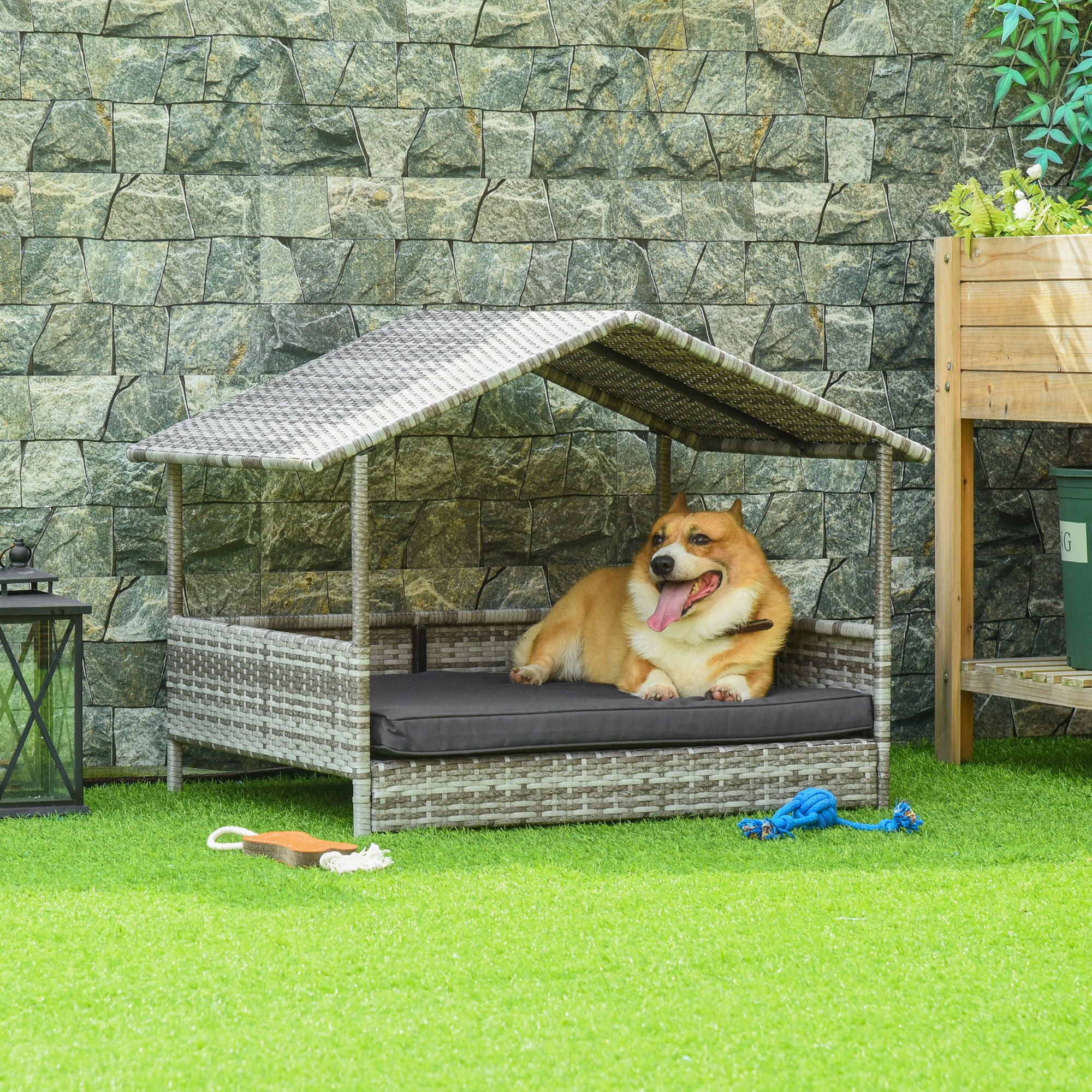 PawHut Wicker Dog House, Rattan Pet Bed, with Removable Cushion, Canopy, for Small and Medium Dogs - Dark Grey - North Peak Garden Furniture