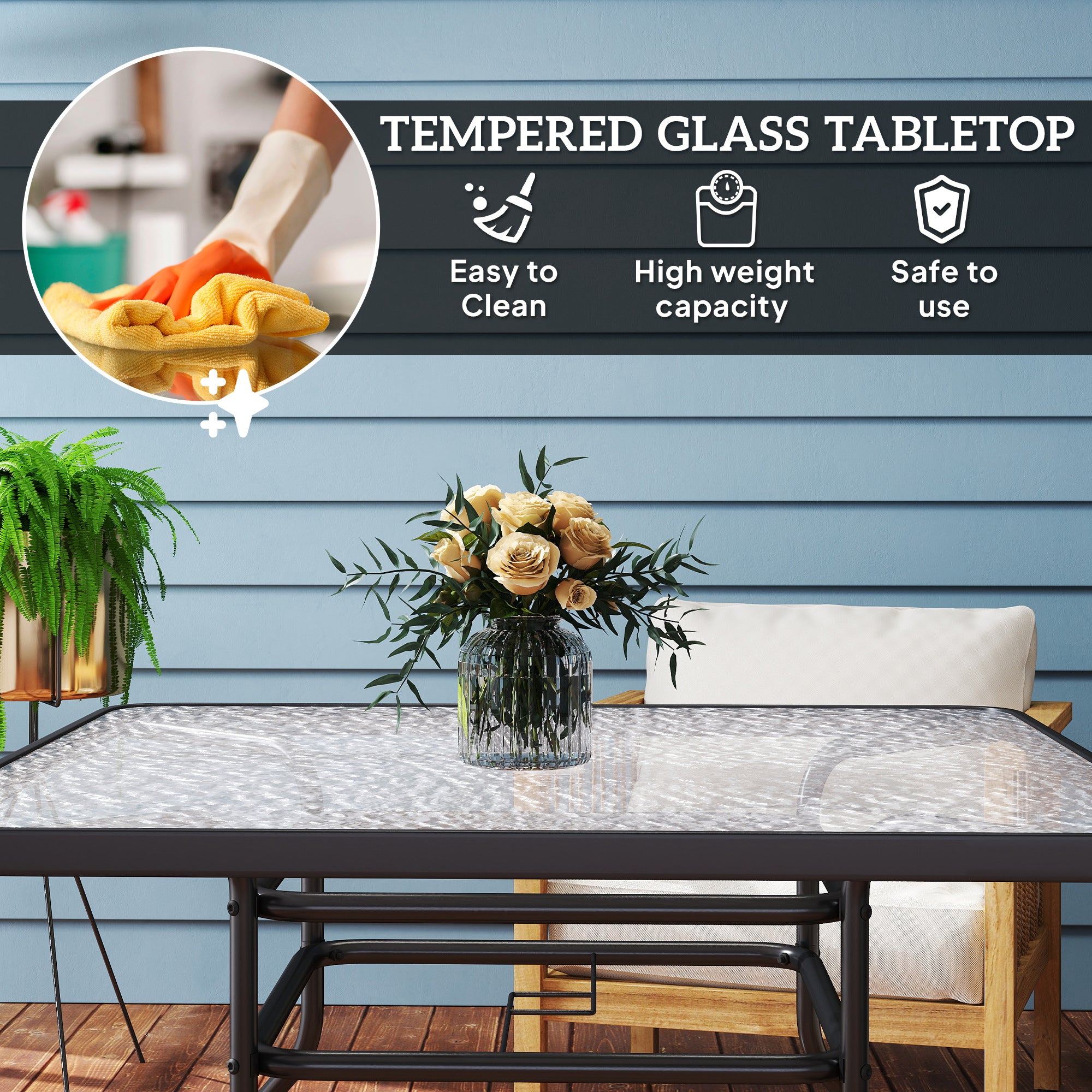 Outsunny Square Garden Dining Table with Tempered Glass Top & Umbrella Hole, 100 x 100 cm - North Peak Garden Furniture