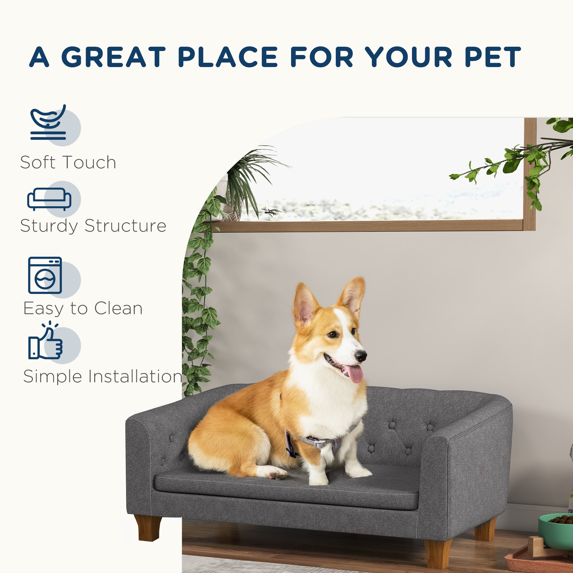 PawHut Dog Sofa Bed w/ Soft Cushion for Medium Dogs - Grey - North Peak Garden Furniture