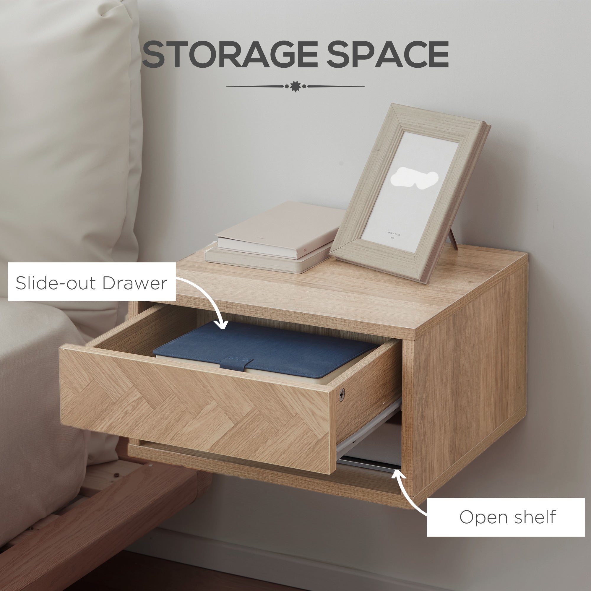 HOMCOM 2 Pieces Bedside Table Wall Mounted Nightstand with Drawer and Shelf for Bedroom, 37 x 32 x 21cm, Natural - North Peak Garden Furniture