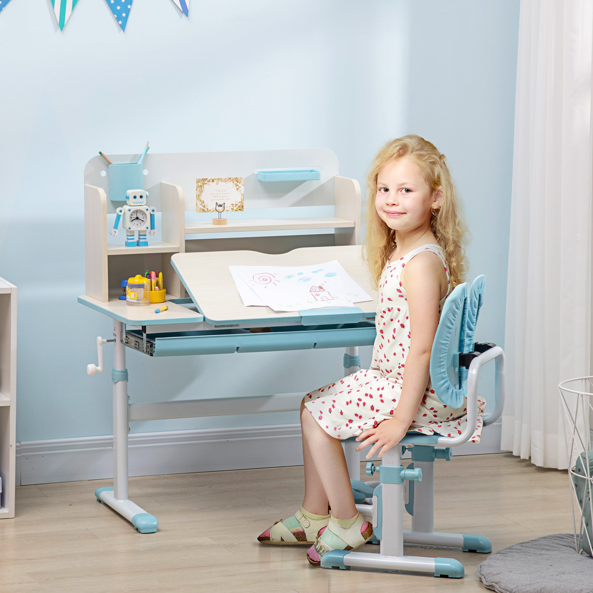 HOMCOM Kids Desk and Chair Set, with Storage Shelves, Washable Cover, for Ages 3-12 Years - Blue