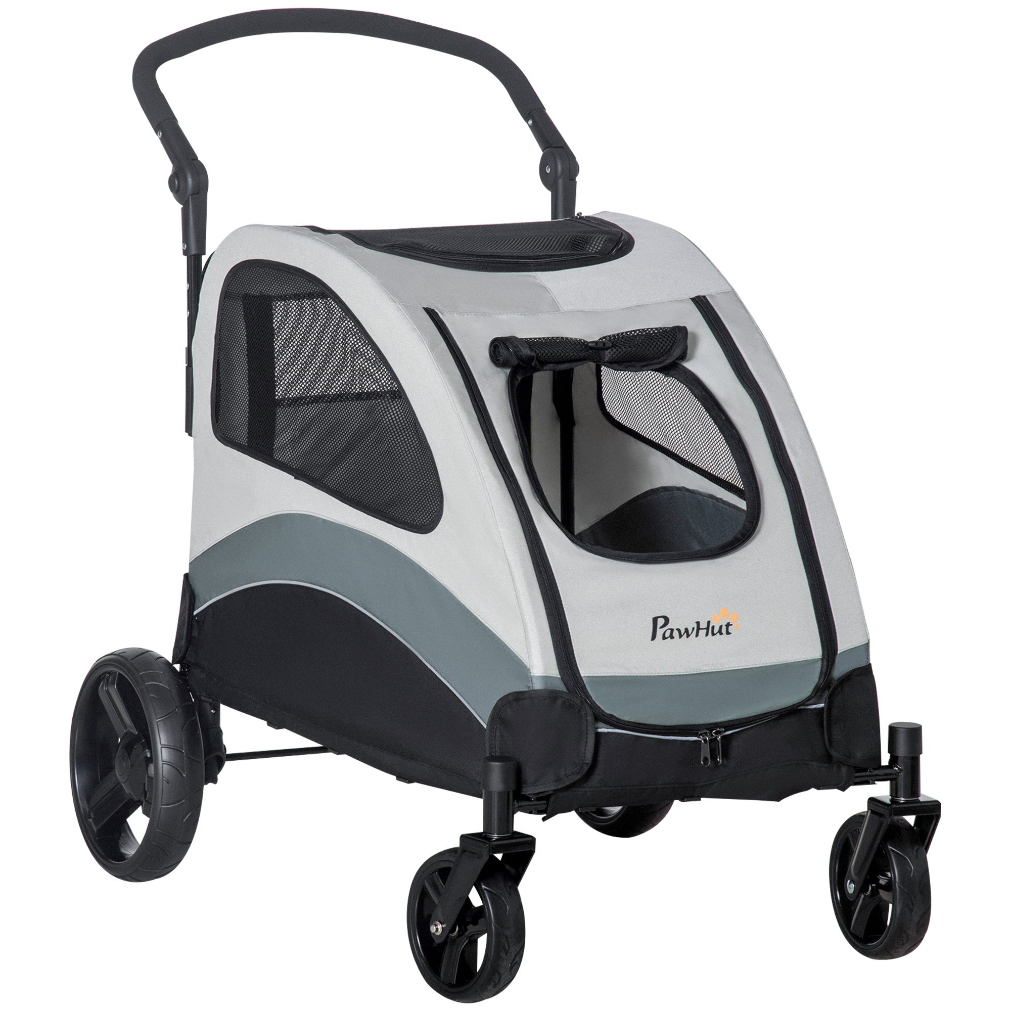 PawHut Pet Stroller for Medium Dogs Cat Pushchair Buggy Pram with 4 Wheels Safety Leash Zipper Doors Mesh Windows Storage Bag - Grey - North Peak Garden Furniture