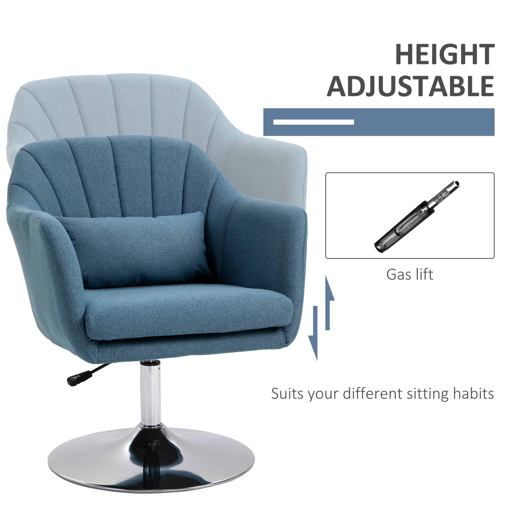 HOMCOM Swivel Linen Fabric Accent Chair for Living Room Contemporary Vanity Armchair with Adjustable Height Thick Cushion Lumbar Support Armrest for Bedroom Office Blue - North Peak Garden Furniture