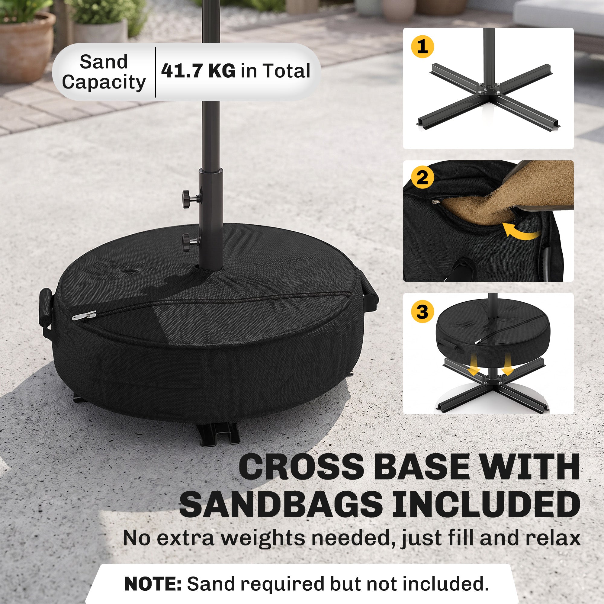 Outsunny 2.7 m Garden Parasol Umbrella with Cross Base and Sandbag, Retractable Ribs, Outdoor Table Market Umbrella, Black