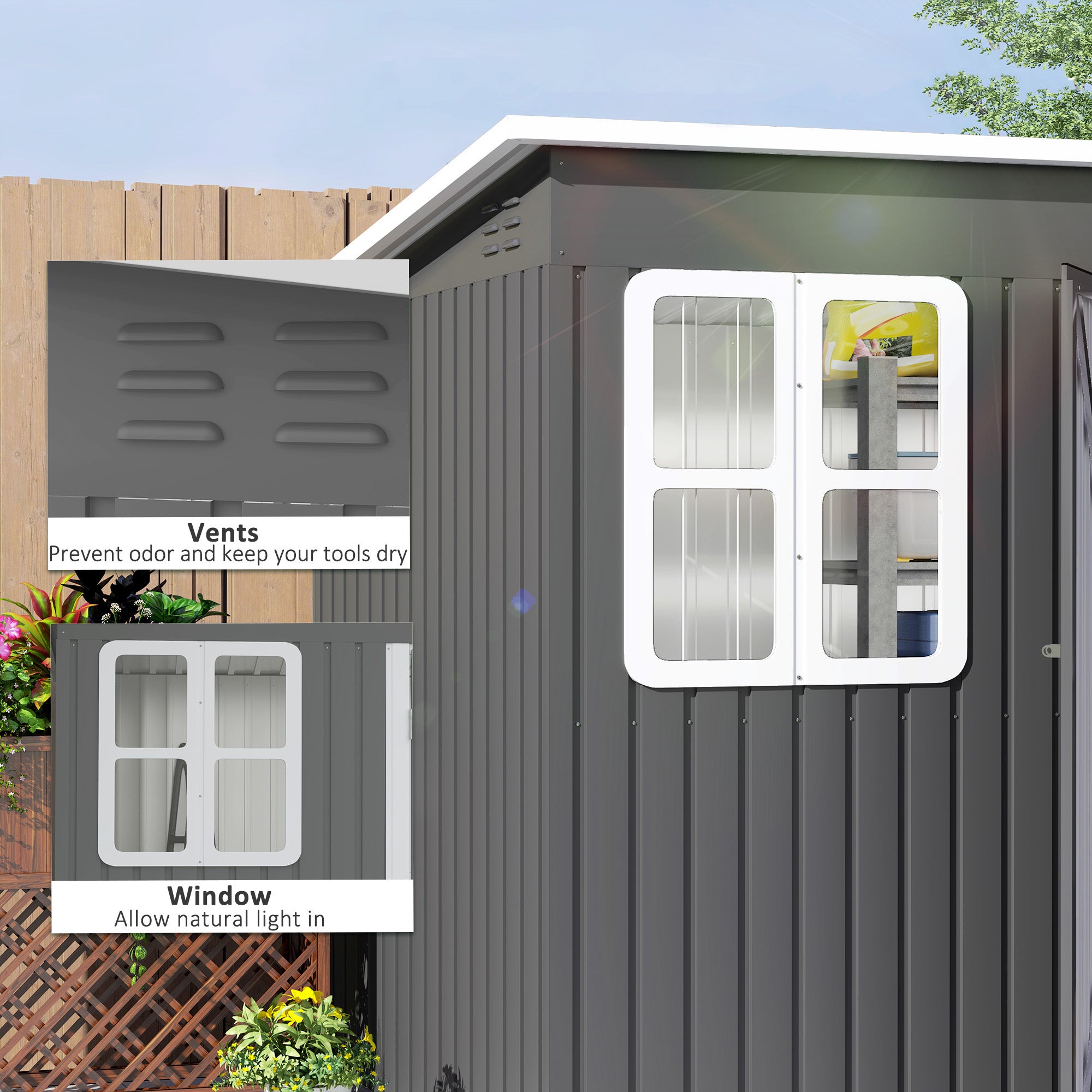 Outsunny 8.5 x 6ft Storage Shed Galvanised Steel Garden Shed, Metal Shed with Foundation Kit, Window, Lockable Wide Doors and Air Vents for Outdoor Patio, Dark Grey - North Peak Garden Furniture