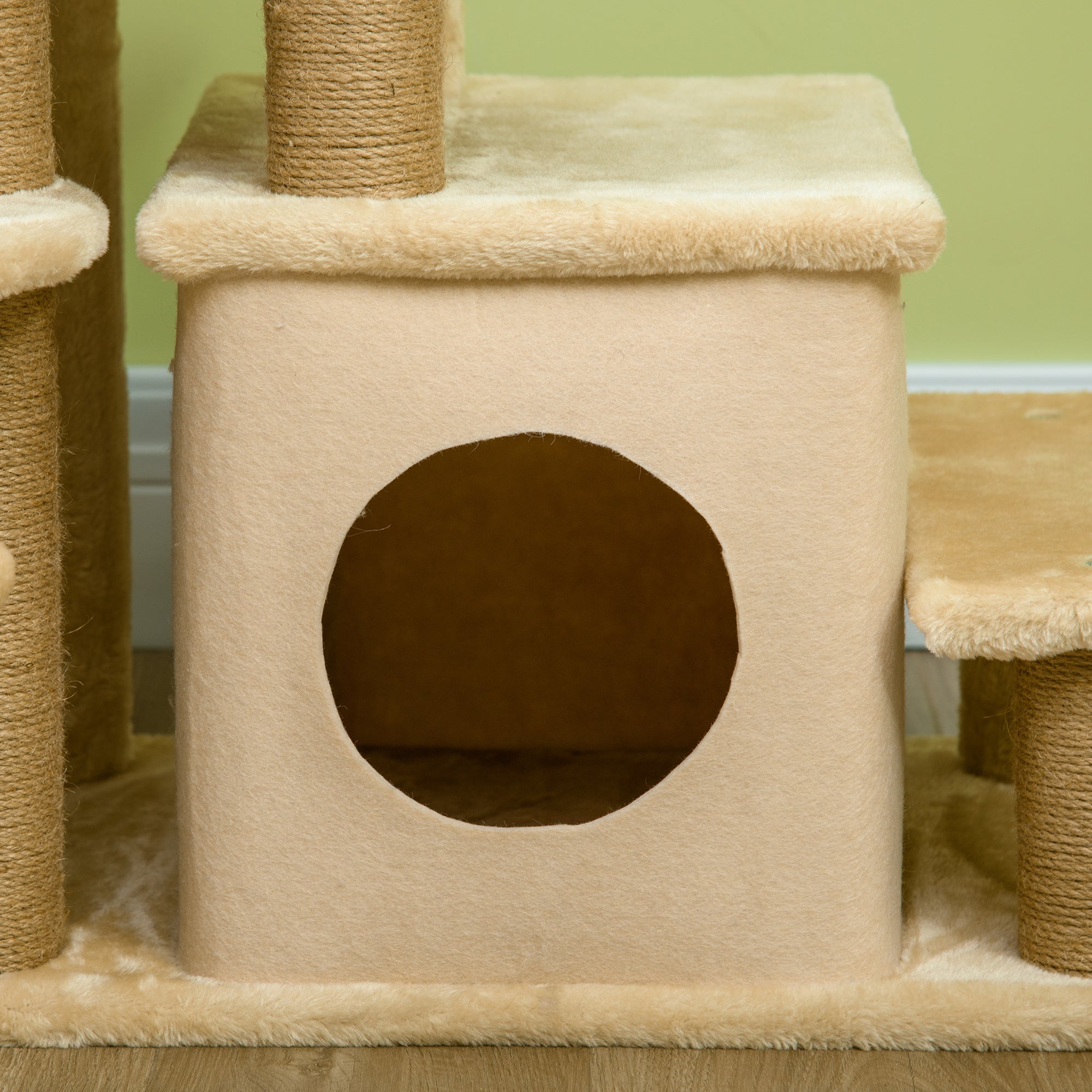 PawHut Adjustable Cat Steps, with House & Hanging Toy Ball - Beige - North Peak Garden Furniture