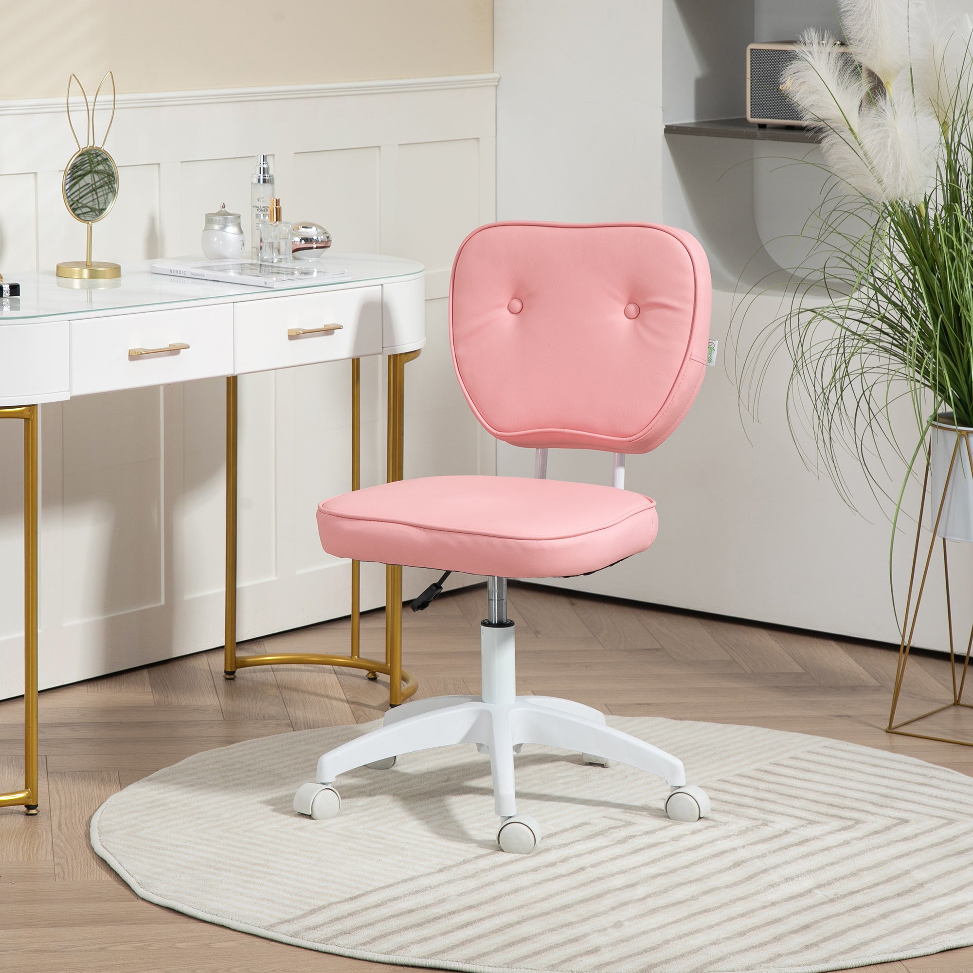 Vinsetto Vanity Office Chair, PU Leather Computer Chair for Home, with Adjustable Height, Armless, Swivel Wheels, Pink - North Peak Garden Furniture