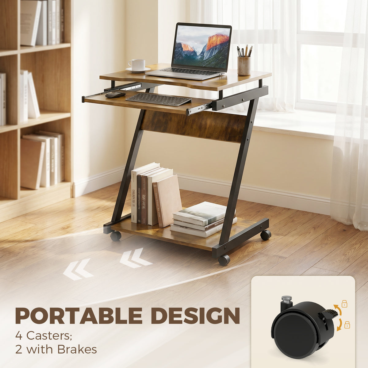 HOMCOM Movable Computer Desk with 4 Moving Wheels and Keyboard Tray