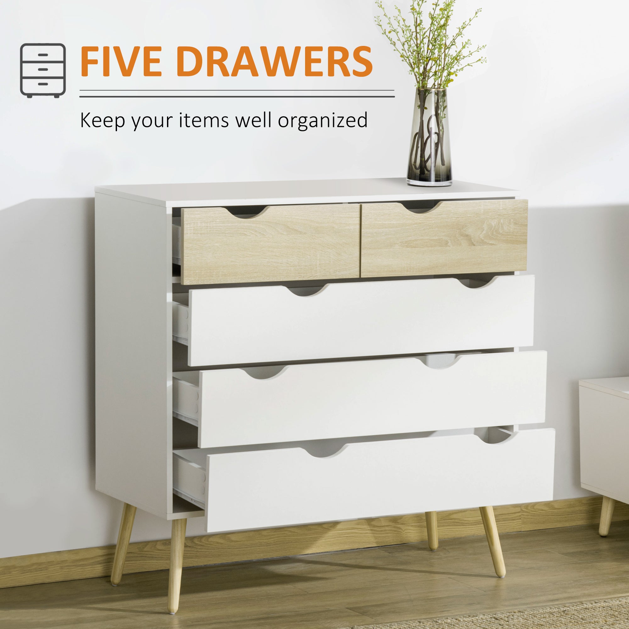 HOMCOM Nordic Style Chest of Drawers, 5 Drawer Dresser with 4 Tapered Legs and Groove Handles, Storage Organizer Side Cabinet for Bedroom, Living Room - North Peak Garden Furniture