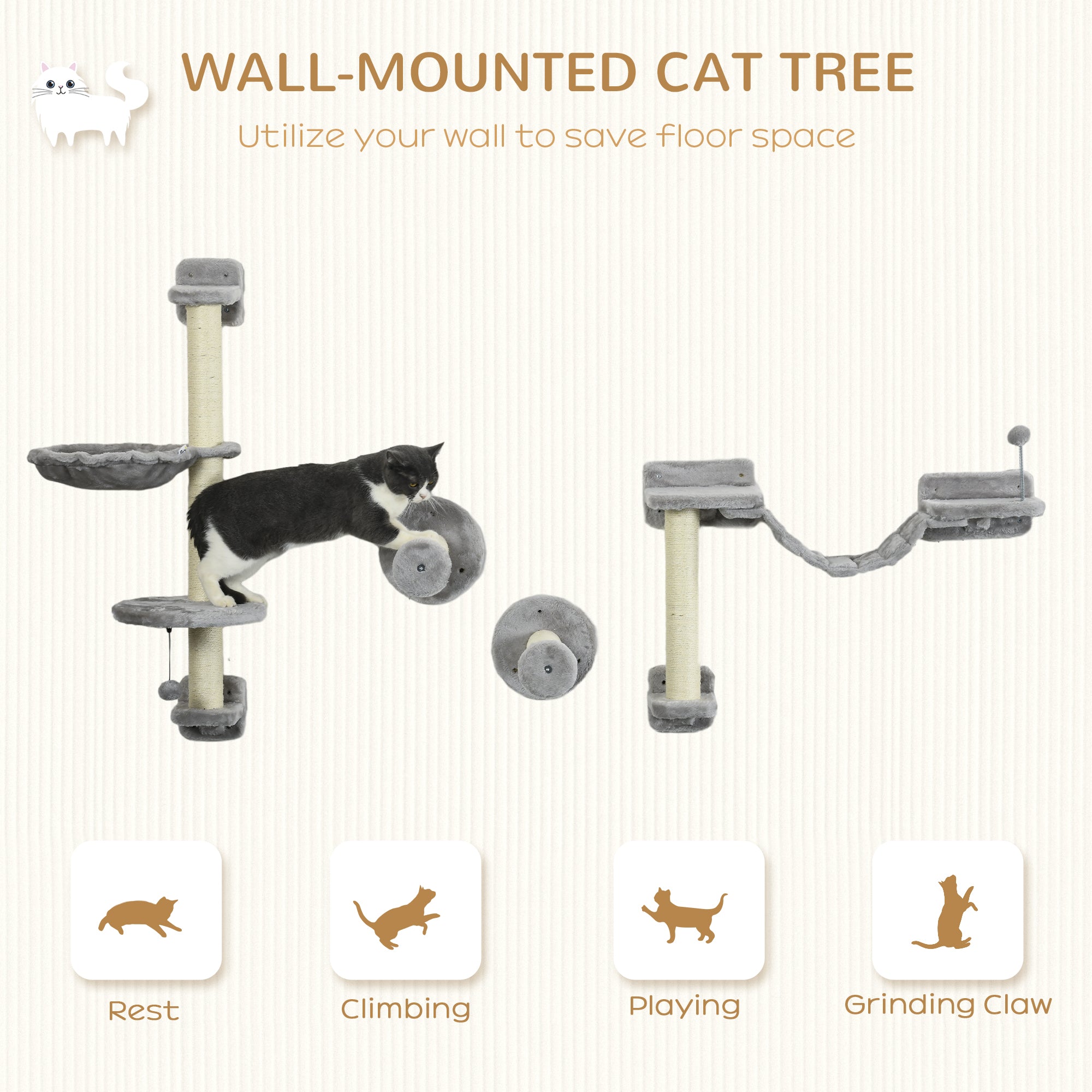 PawHut Four-Piece Cat Wall Furniture with Hammock, Perches, Ladder, Scratching Post, Grey - North Peak Garden Furniture