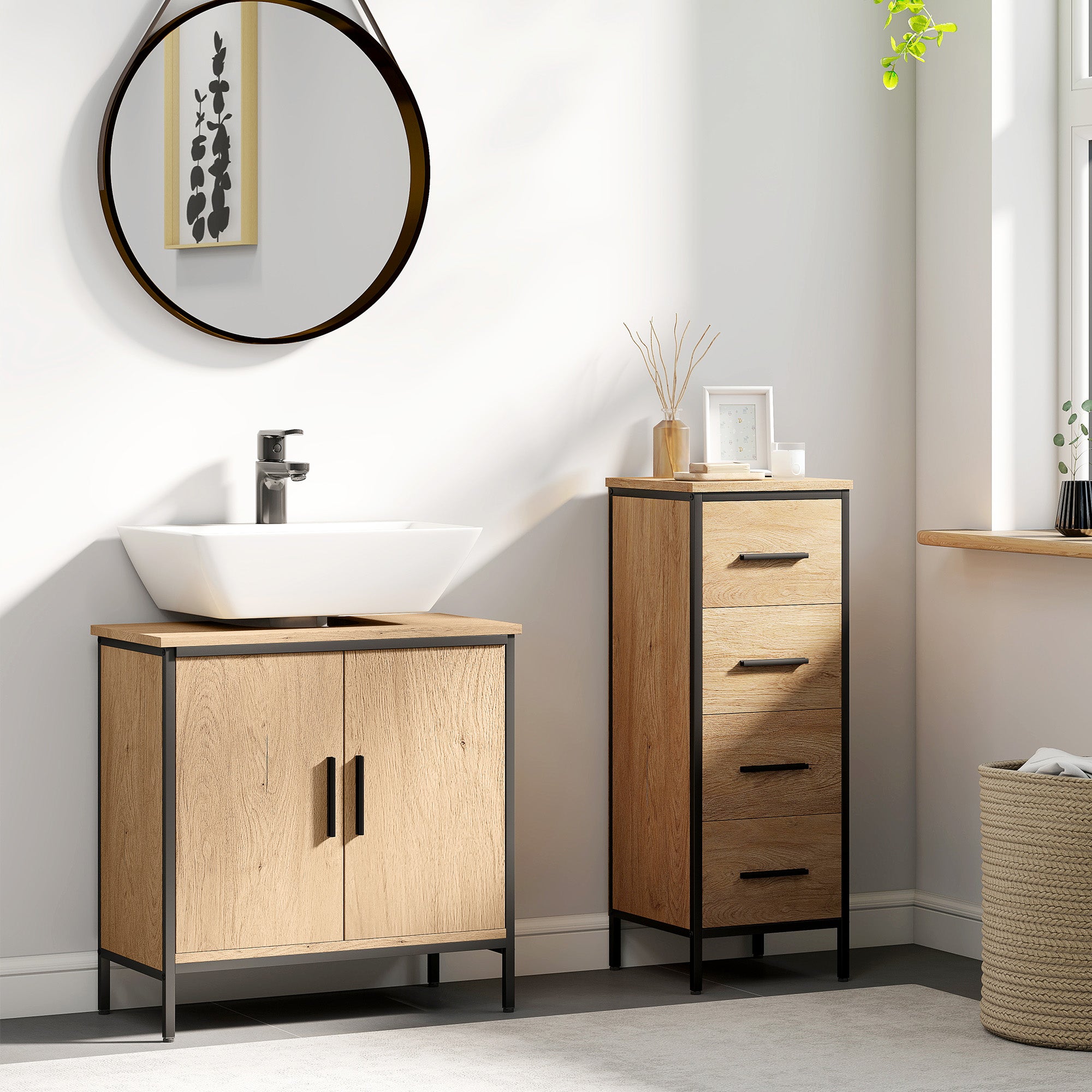 HOMCOM Bathroom Vanity Unit, Under Sink Storage Cabinet with 2 Doors, Adjustable Shelf for Basin without or with Pedestal, Oak - North Peak Garden Furniture