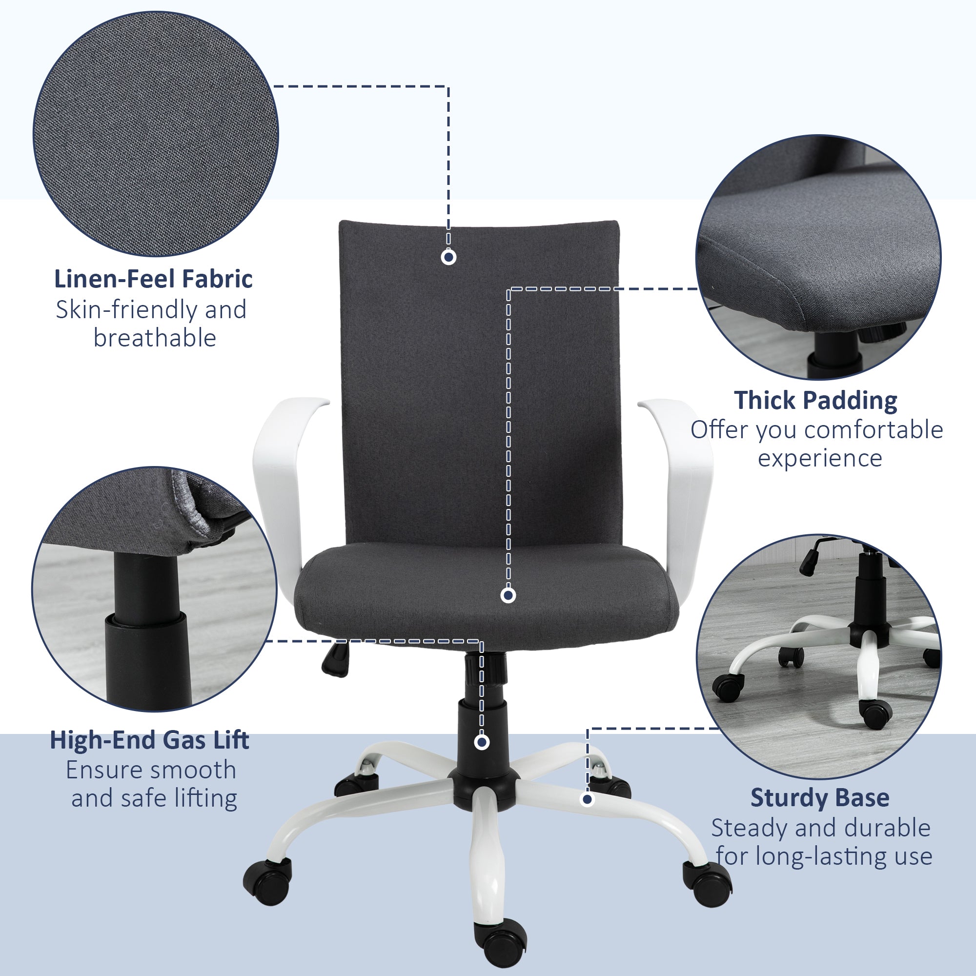 Vinsetto Office Chair Linen Swivel Computer Desk Chair Home Study Task Chair with Wheels, Arm, Adjustable Height, Dark Grey - North Peak Garden Furniture