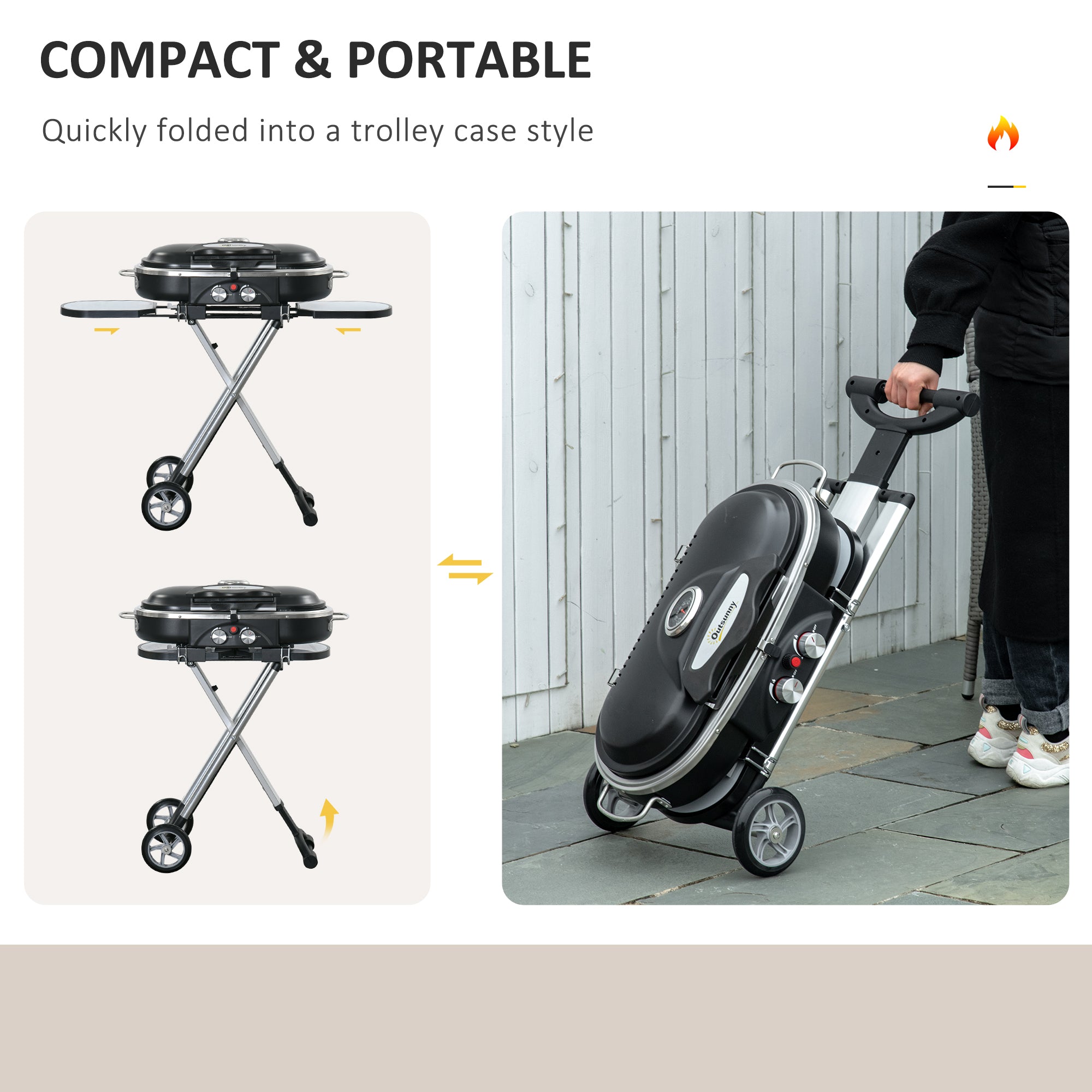 Outsunny Foldable Gas BBQ Grill 2 Burner Garden Barbecue Trolley w/ Lid Side Shelves Storage Pocket Piezo Ignition Thermometer, Aluminium Alloy - North Peak Garden Furniture