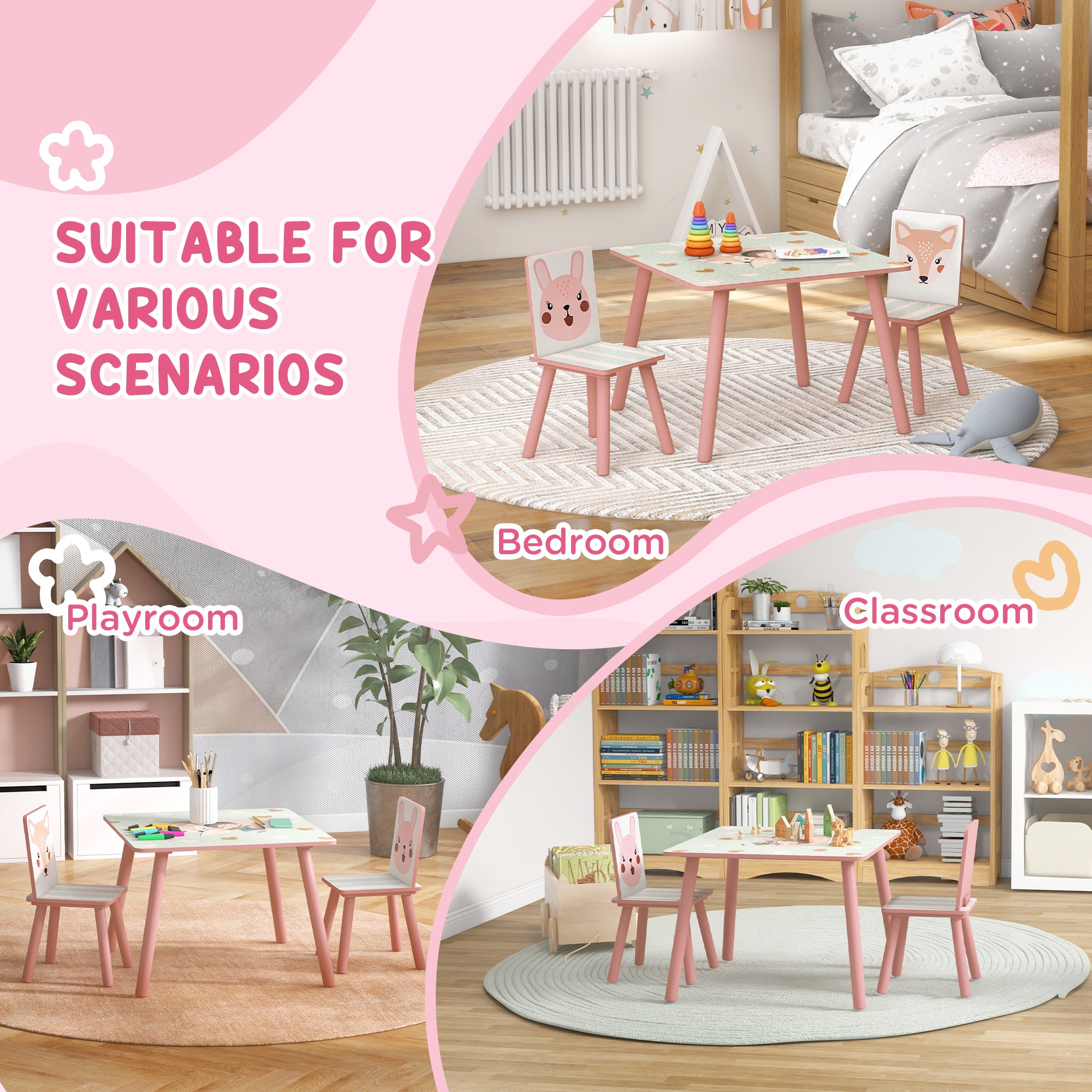 ZONEKIZ Kids and Table Chairs, Children Desk with Two Chairs, Toddler Furniture Set, for Ages 3-6 Years - Pink - North Peak Garden Furniture