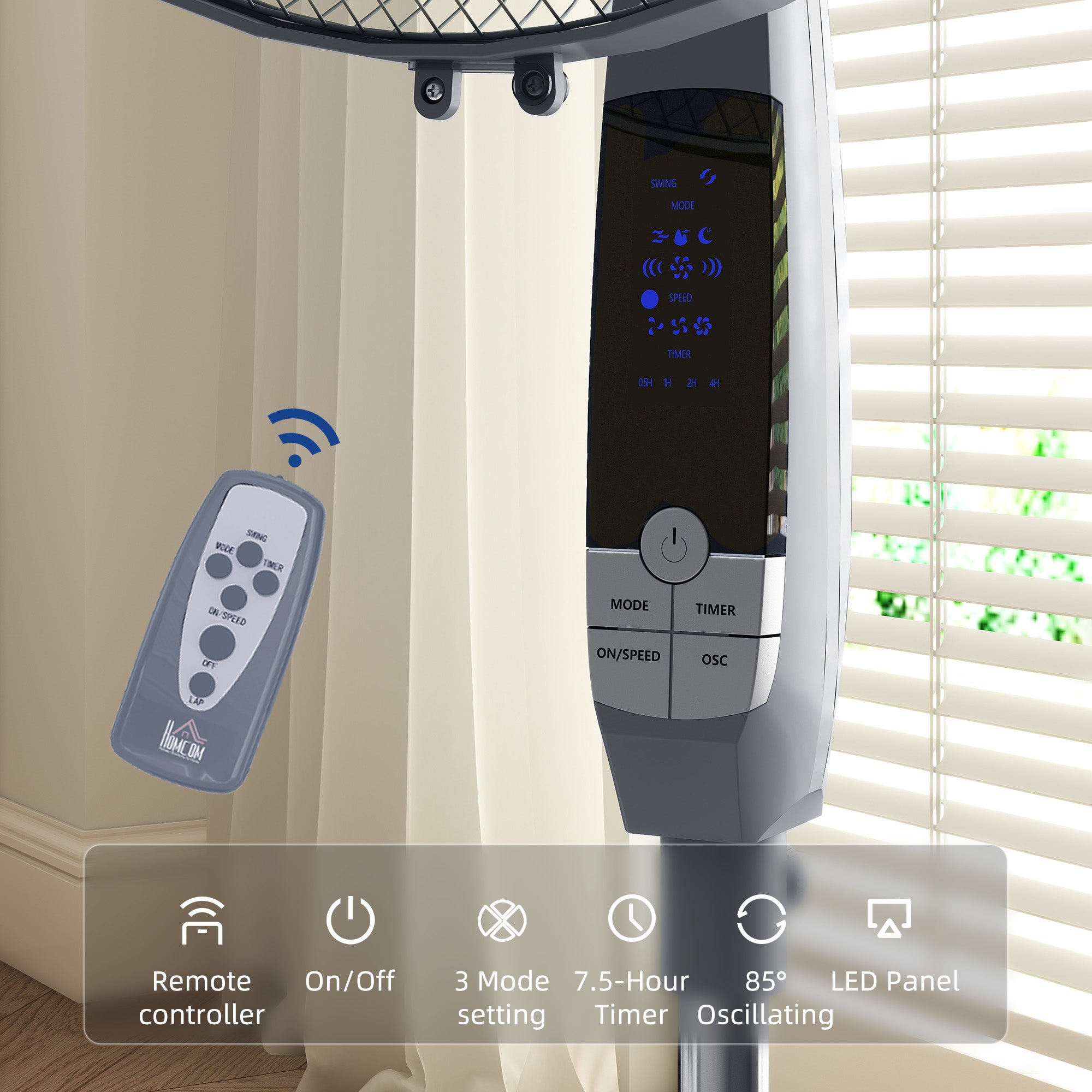 HOMCOM 16" Pedestal Standing Floor Fan, Oscillation Cooling Fan with Remote Control, Grey