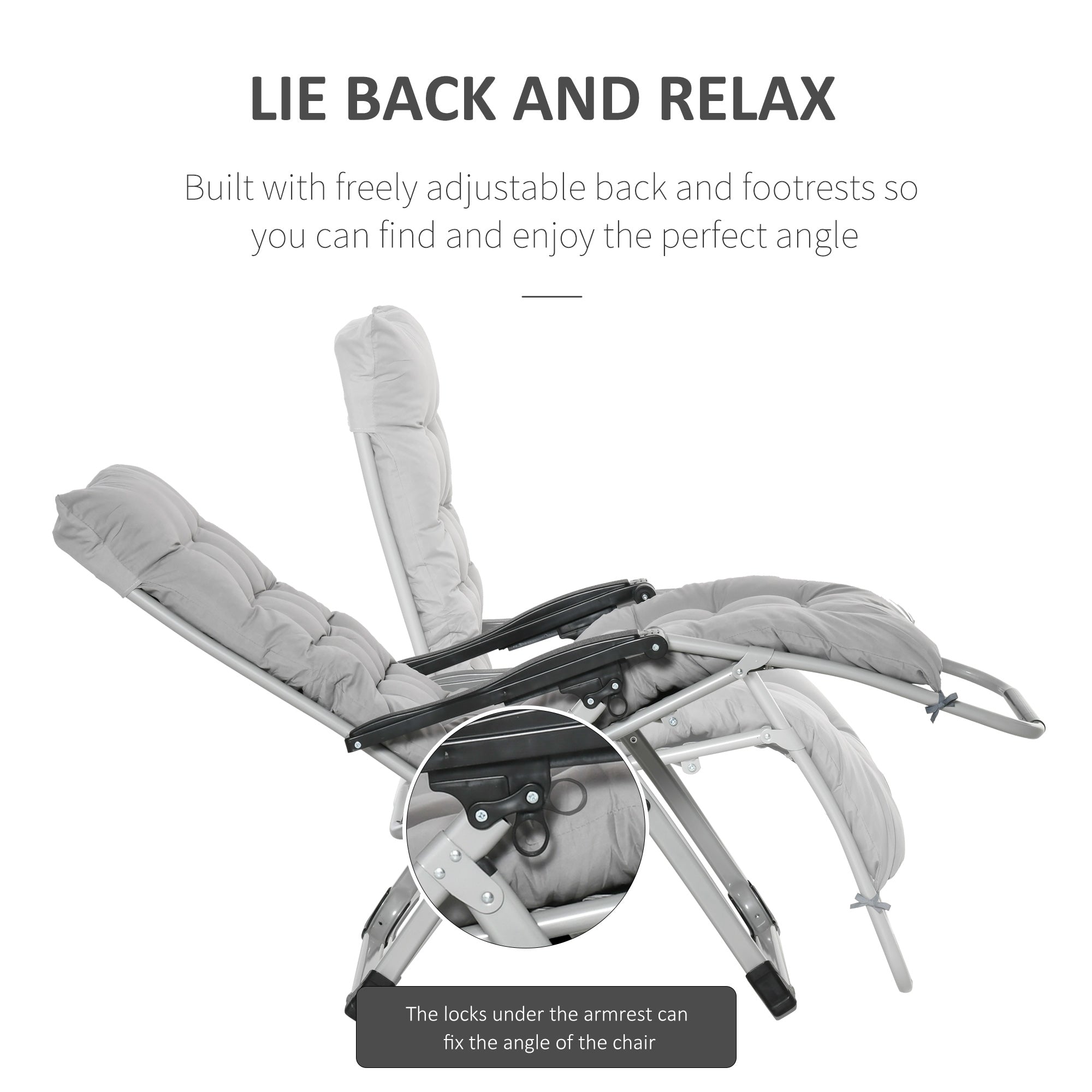 Outsunny 2 Piece Reclining Zero Gravity Chair Metal Frame Folding Garden Sun Lounger with Cushion Headrest, Light Grey - North Peak Garden Furniture