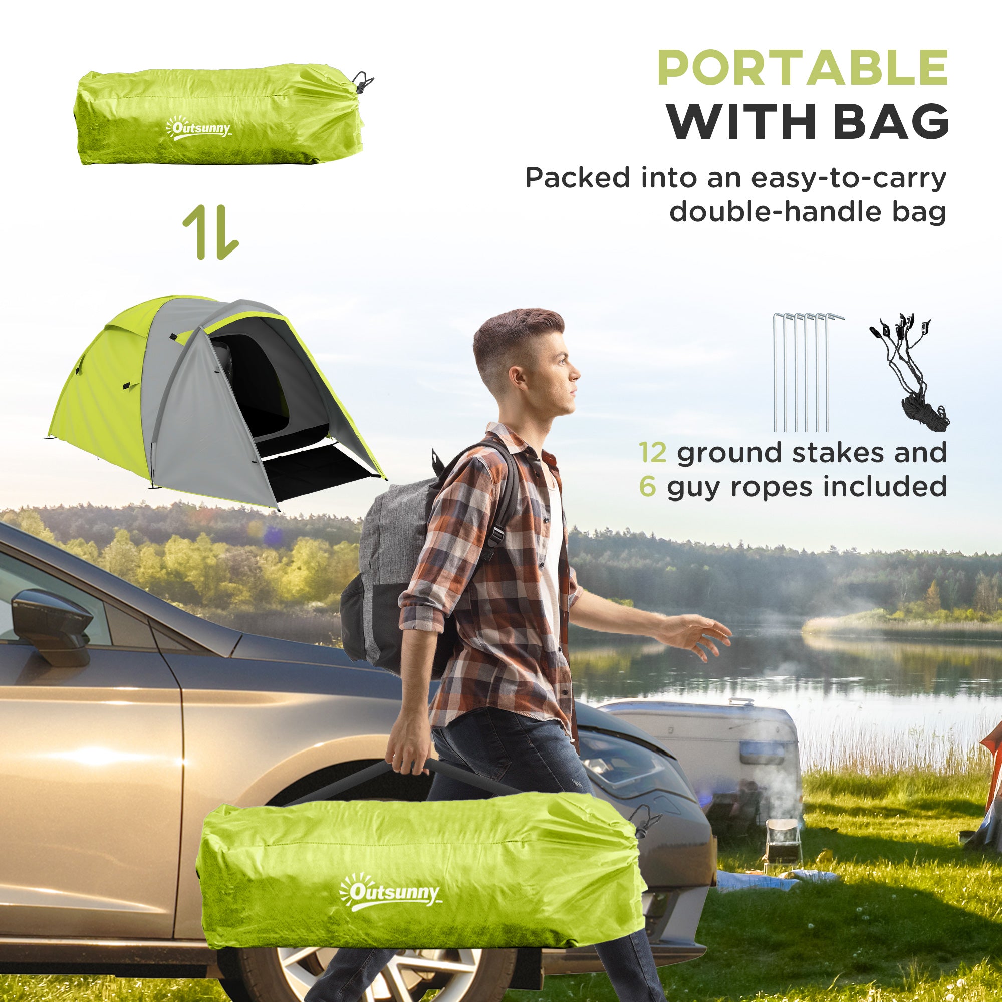 Outsunny Two-Man Dome Tent, with Front Porch and Accessories - Yellow/Grey - North Peak Garden Furniture