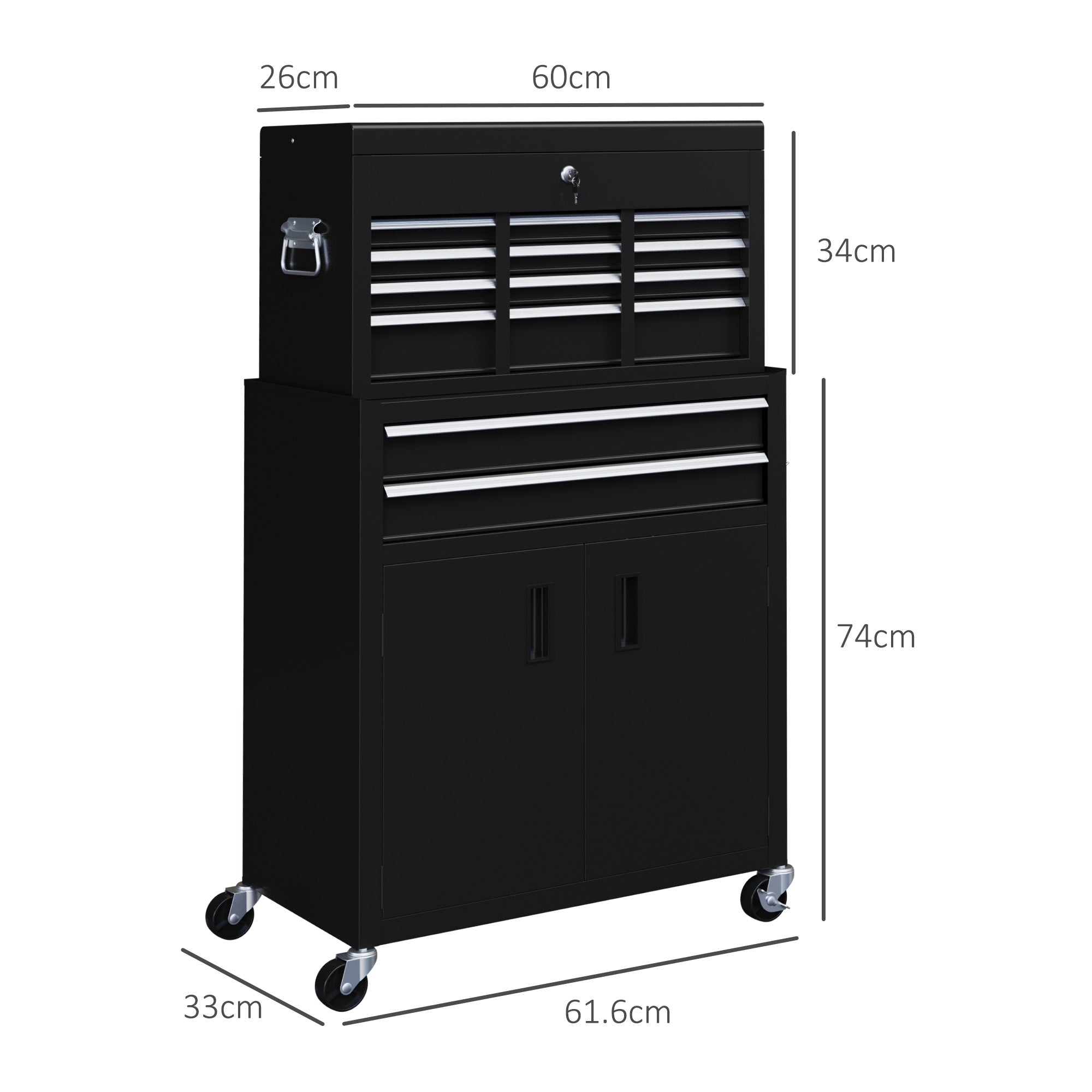 HOMCOM Portable Tool Box, Metal Tool Chest on Wheels with 6 Drawers for Garage and Workshop, Black - North Peak Garden Furniture