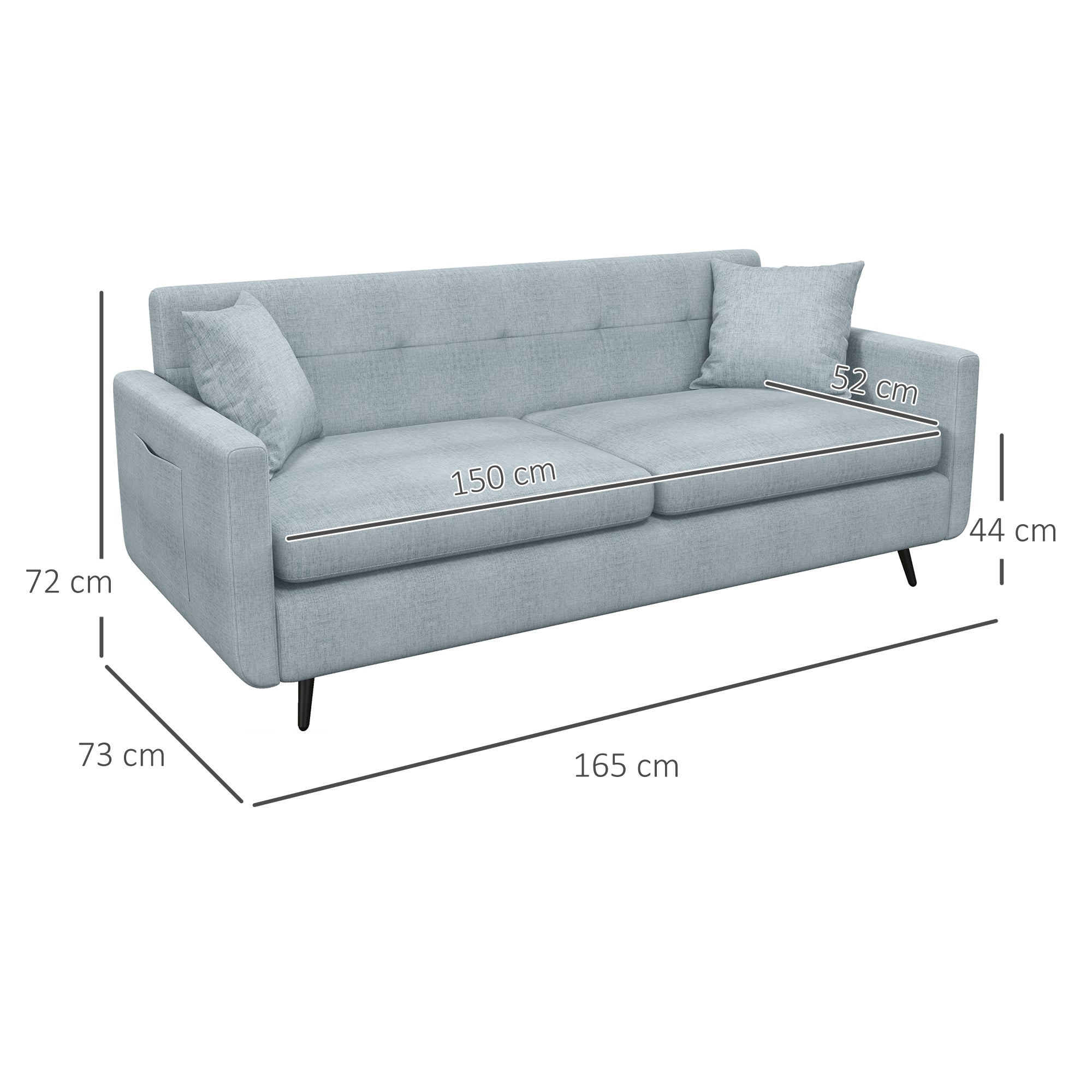 HOMCOM 165cm 2 Seater Sofa for Living Room, Modern Fabric Couch, Tufted Loveseat Sofa Settee with Steel Legs and 2 Storage Pockets for Bedroom and Home Office, Blue - North Peak Garden Furniture