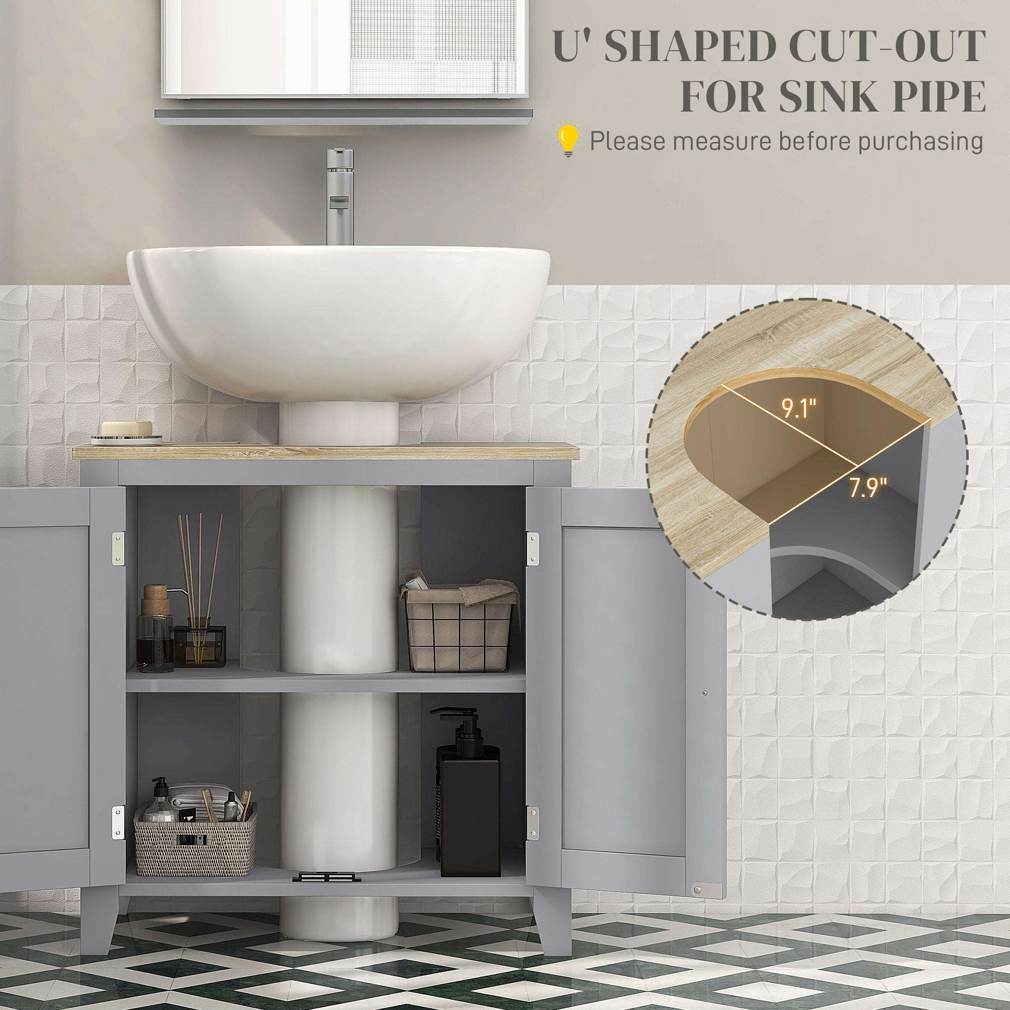 kleankin Under Sink Cabinet, Bathroom Sink Cabinet with 2 Doors, Pedestal Under Sink Design, Freestanding Bathroom Cupboard with Adjustable Shelf, Grey - North Peak Garden Furniture