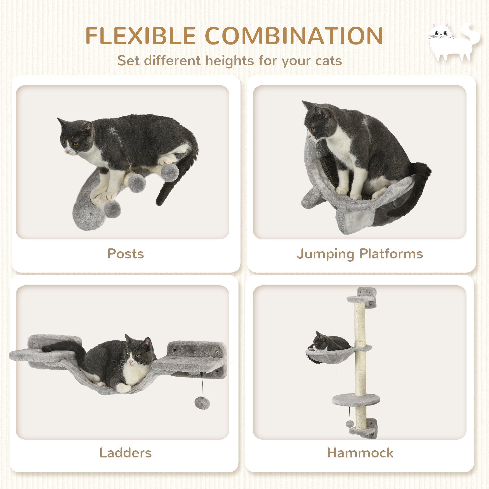 PawHut Four-Piece Cat Wall Furniture, with Hammock, Ladder, Platforms, Steps, for Indoor Use - Grey - North Peak Garden Furniture