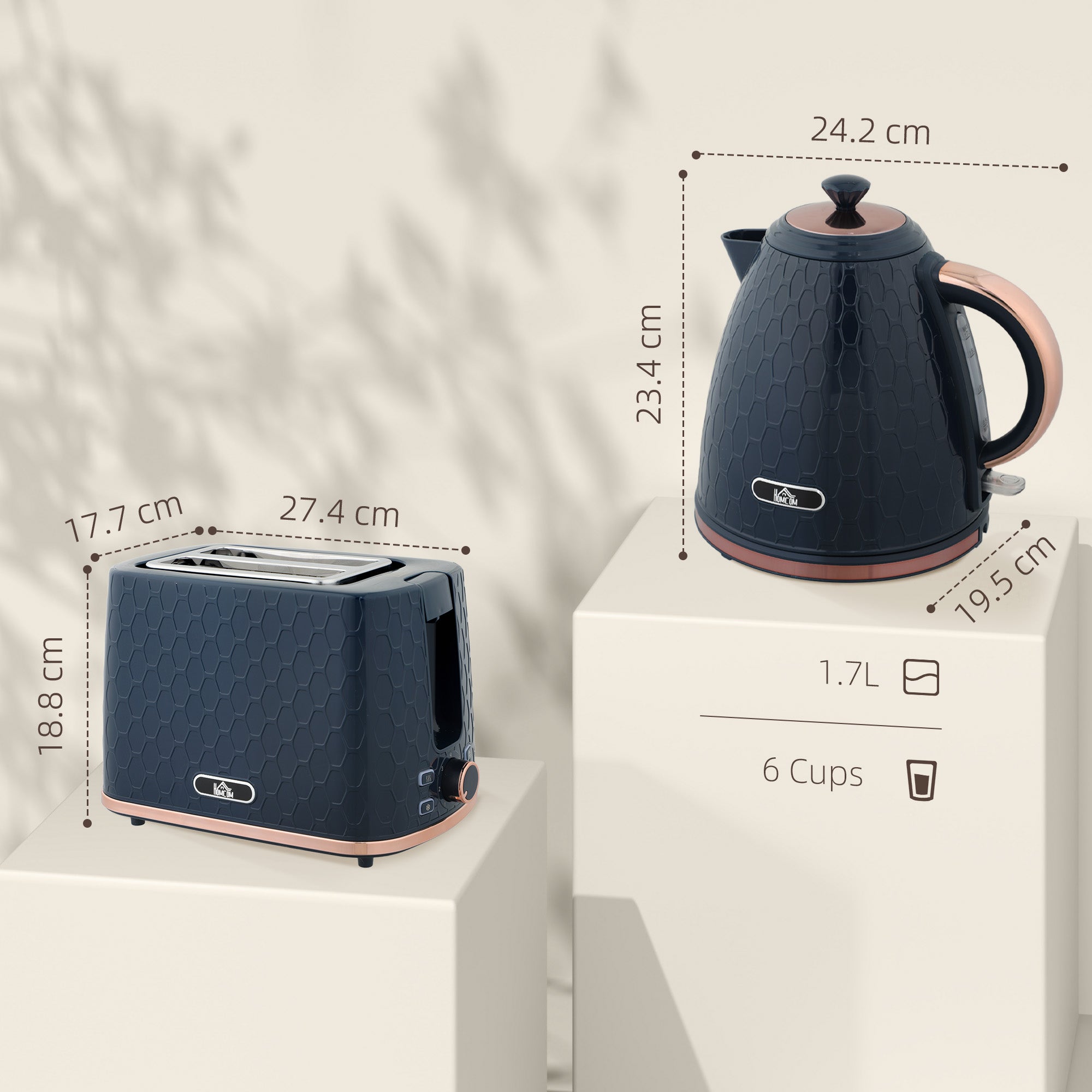 HOMCOM 1.7L 3000W Fast Boil Kettle & 2 Slice Toaster Set, Kettle and Toaster Set with Auto Shut Off, Browning Controls, Blue - North Peak Garden Furniture