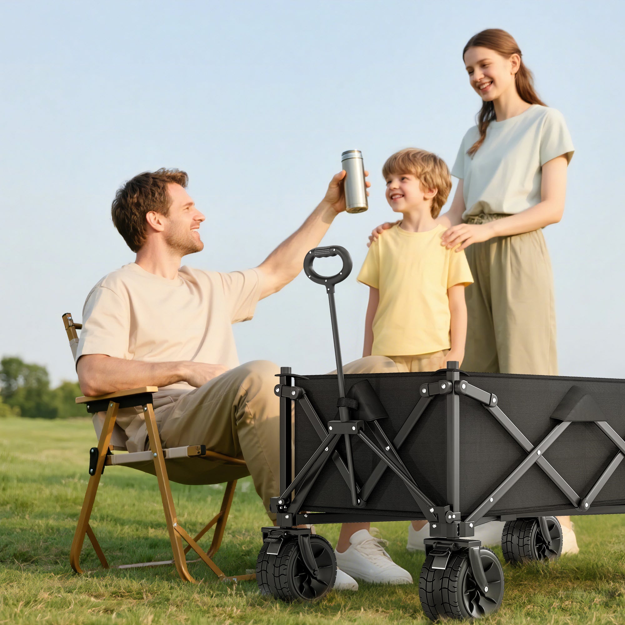 Outsunny Folding Garden Trolley, Outdoor Wagon Cart with Carry Bag, for Beach, Camping, Festival, 120KG Capacity, Black