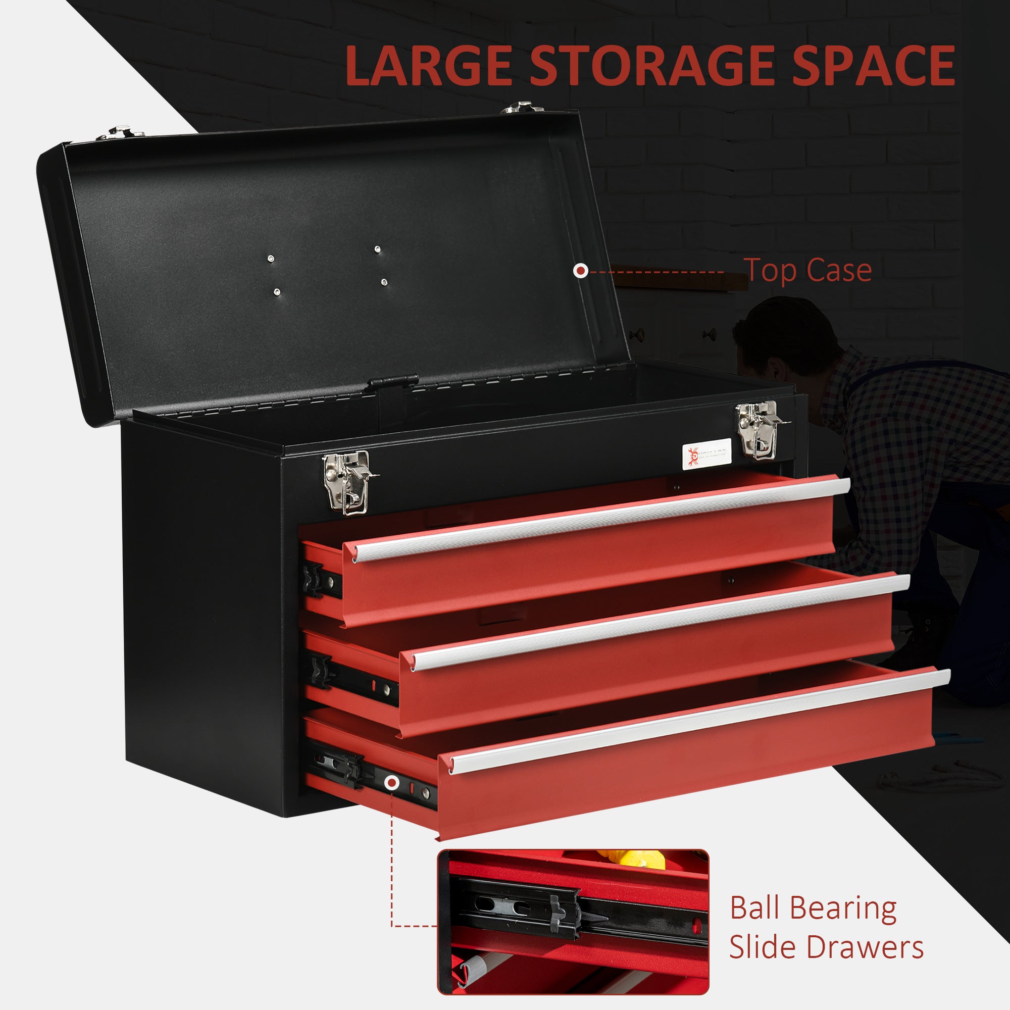 DURHAND 3 Drawer Tool Chest, Lockable Metal Tool Box with Ball Bearing Runners, Portable Toolbox, 510mm x 220mm x 320mm, Black