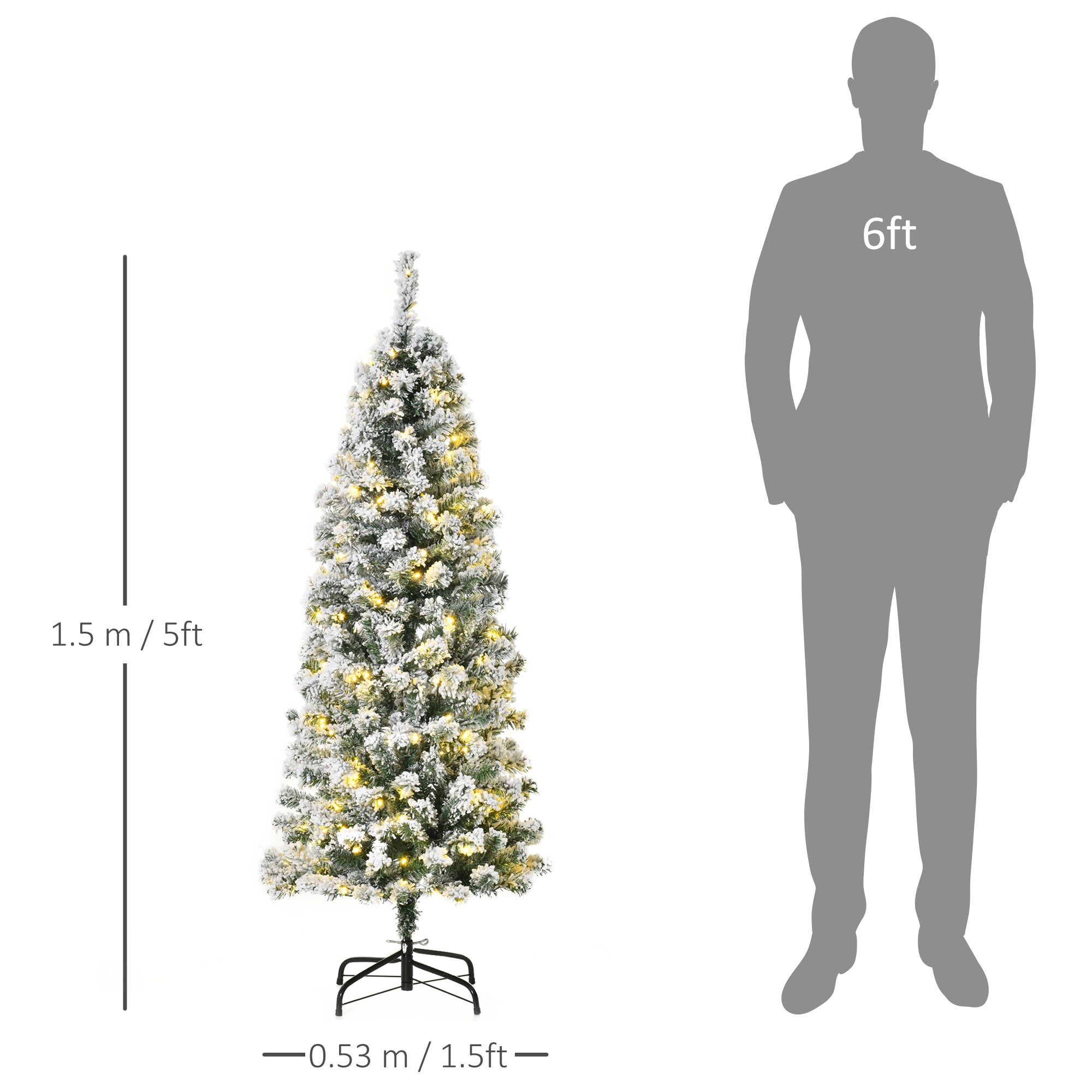 HOMCOM 5FT Prelit Artificial Snow Flocked Christmas Tree with Warm White LED Light, Holiday Home Xmas Decoration, Green White - North Peak Garden Furniture