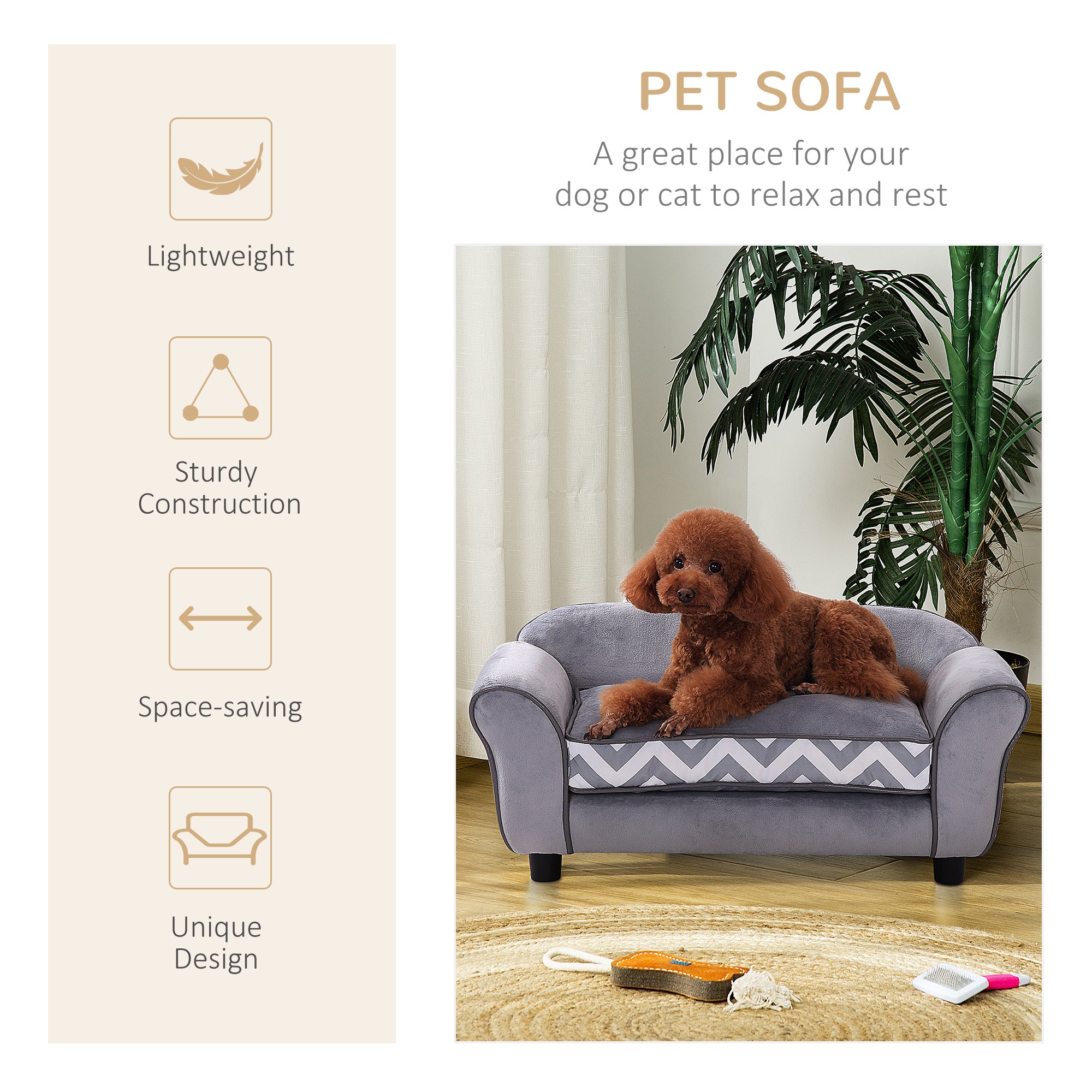 PawHut Dog Sofa Bed for XS-Sized Dogs, Cat Sofa with Soft Cushion, Pet Chair Lounge with Washable Cover, Removable Legs, Wooden Frame - Grey - North Peak Garden Furniture