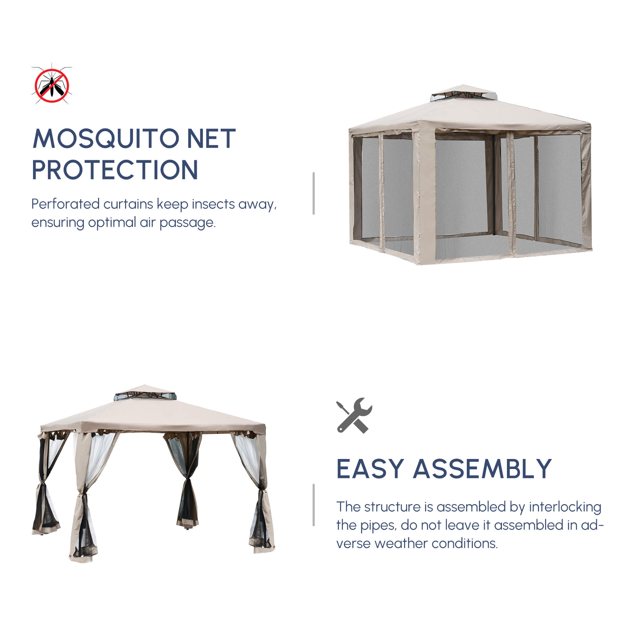 Outsunny Outdoor Gazebo, 2-tier Roof W/Netting, 295L x 295W x 263Hcm-Taupe - North Peak Garden Furniture