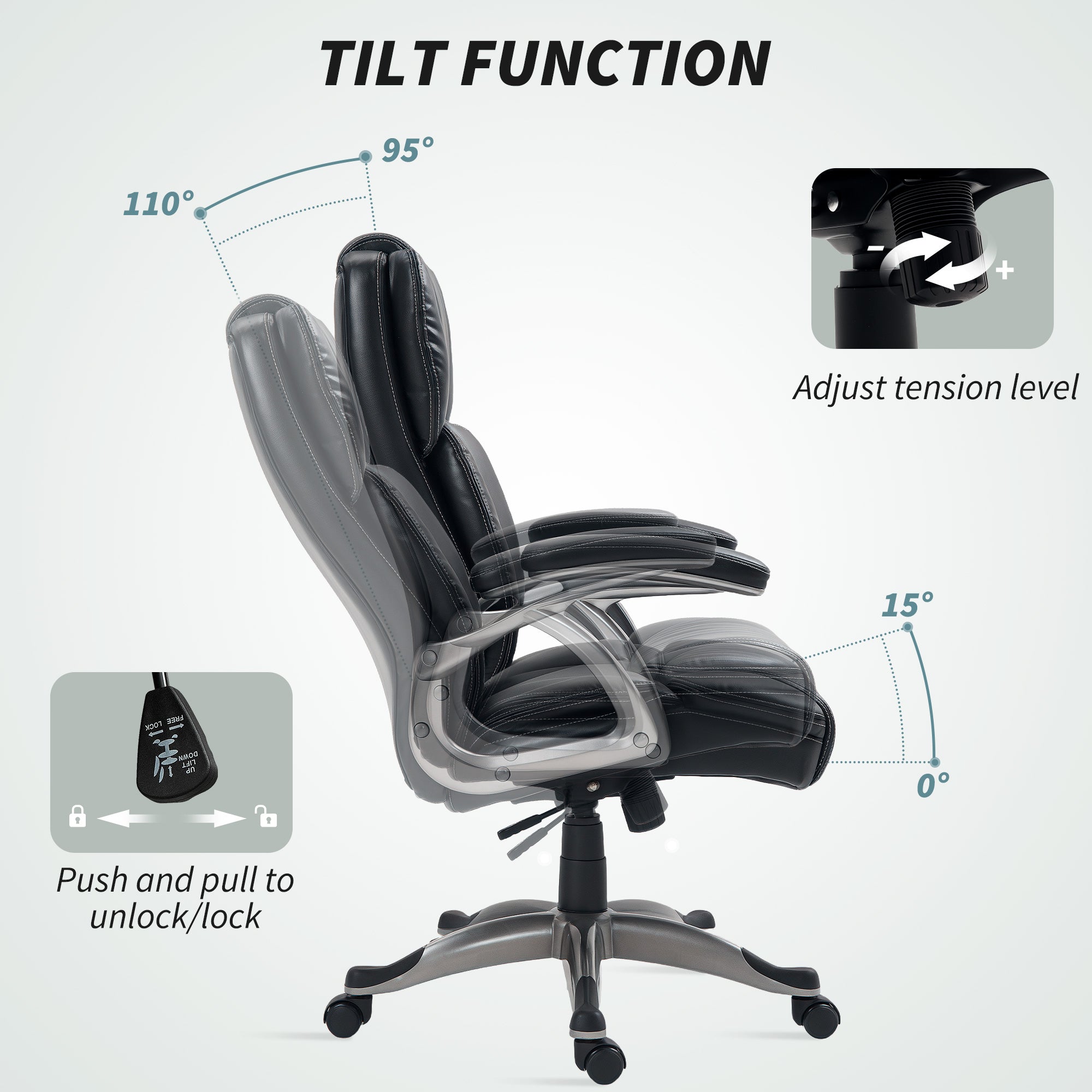 HOMCOM Executive Office Chair, PU Leather Desk Chair with Adjustable Height, Swivel Computer Chair with Tilt Function for Home Office, Black - North Peak Garden Furniture