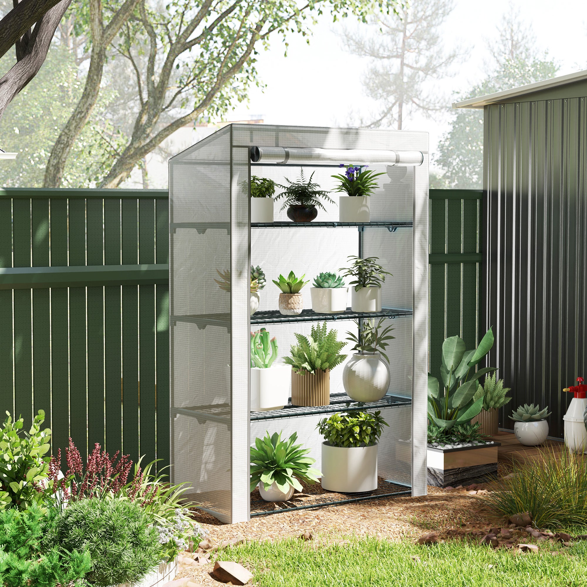 Outsunny 4 Tier Lean-to Mini Greenhouse with Reinforced PE Cover, Portable Small Greenhouse with Roll-Up Door, Grey Hemmed Edging, 110 x 50 x 171cm, Grey - North Peak Garden Furniture