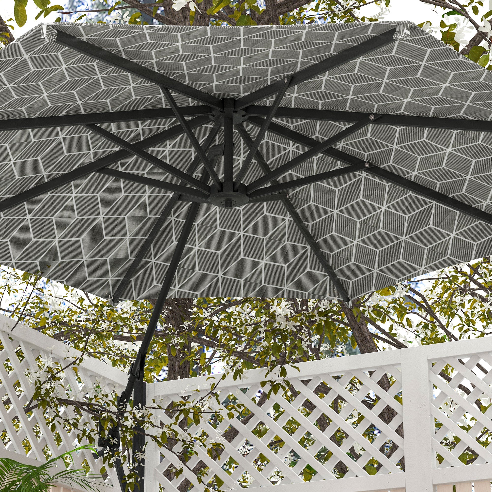 Outsunny 3(m) Convertible Cantilever Parasol and Centre-post Garden Parasol with Cross Base, 360° Rotation Banana Parasol with Crank Handle and 8 Ribs, Hanging Patio Umbrella, Black and White - North Peak Garden Furniture