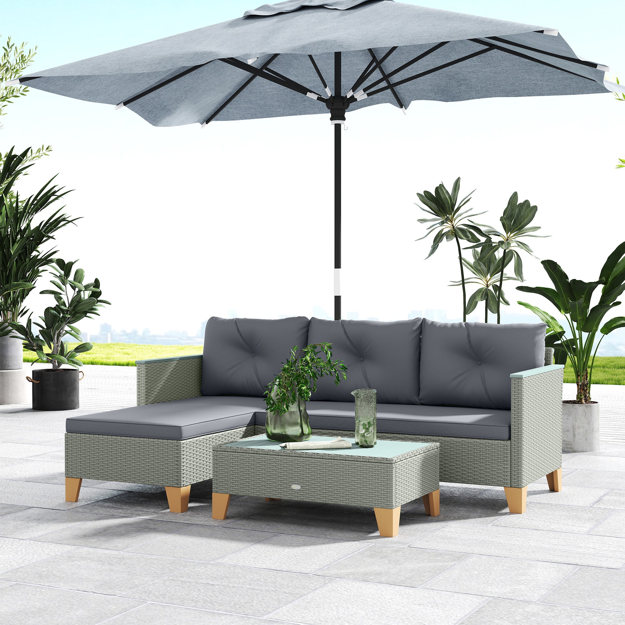 Outsunny 3 Pieces Rattan Garden Furniture Set, L Shaped Garden Conversation Chaise Lounge Furniture with Wood Top Coffee Table and Thick Cushions, Charcoal Grey - North Peak Garden Furniture