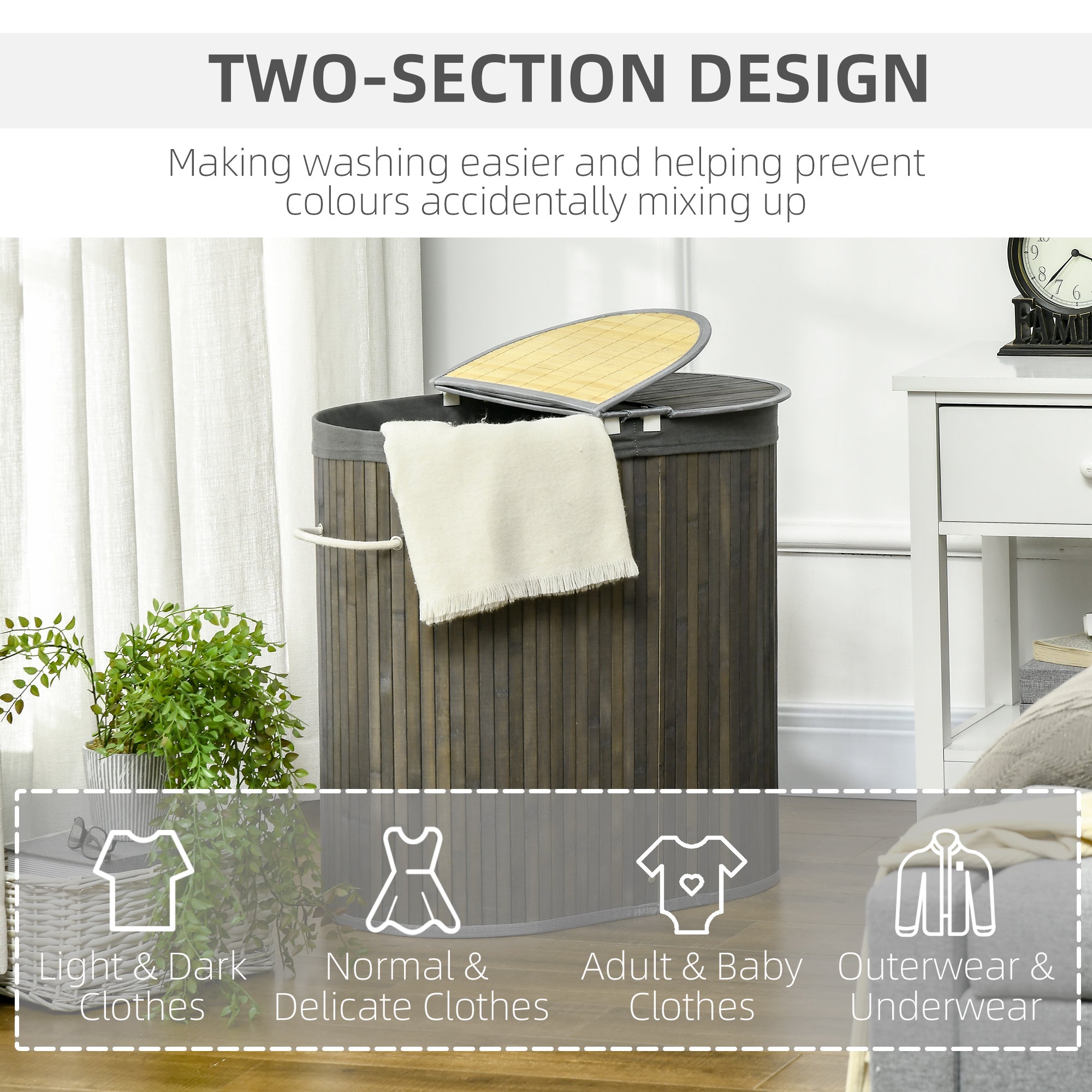 HOMCOM Bamboo Laundry Basket with Lid, 100 Litres Laundry Hamper with 2 Sections, Removable Washable Lining, Washing Baskets, 62.5 x 37 x 60.5cm, Grey - North Peak Garden Furniture