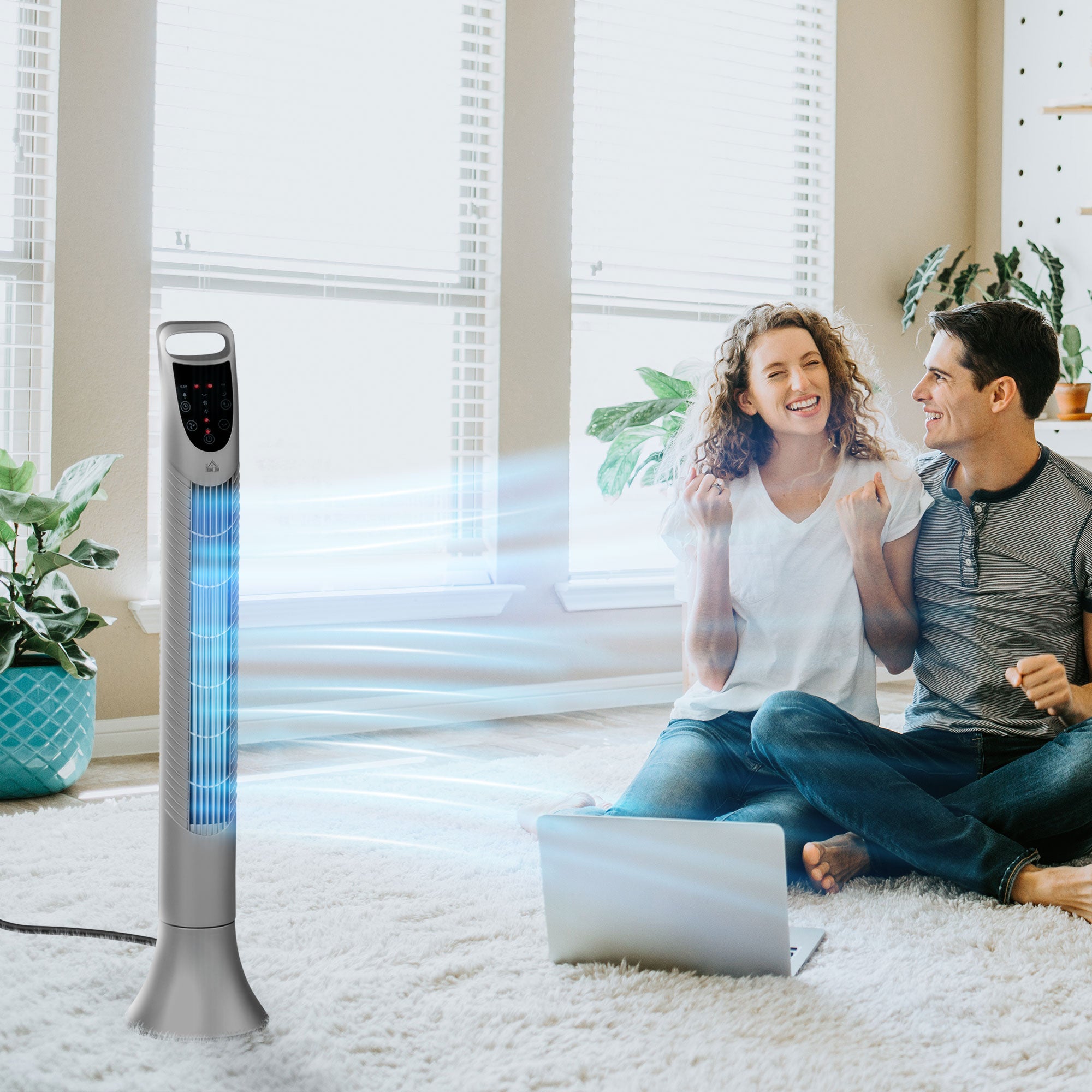 HOMCOM 36'' Freestanding Tower Fan, 3 Speed 3 Mode, 7.5h Timer, 70 Degree Oscillation, LED Panel, 5M Remote Controller, Silver - North Peak Garden Furniture