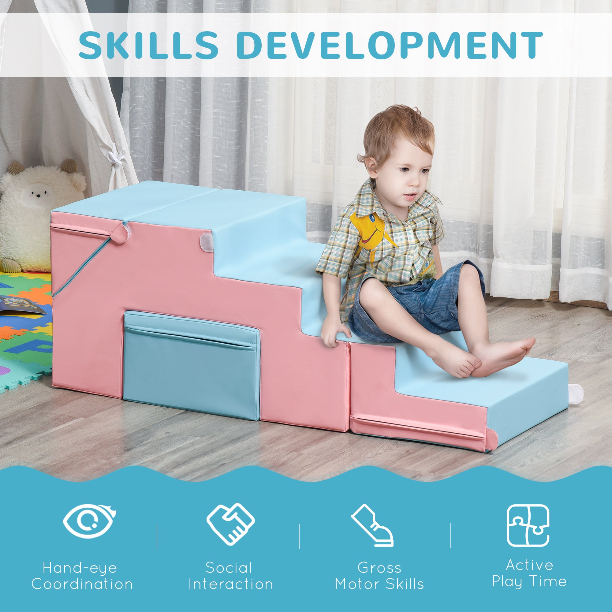 HOMCOM 2-piece Soft Play Set, Baby Foam Climber Block for Toddler 1-3 Years, Pink Blue - North Peak Garden Furniture