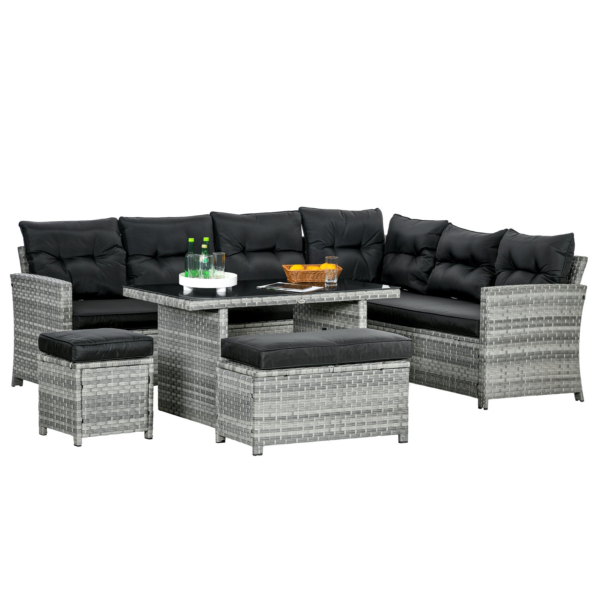 Outsunny 5-Piece Rattan Patio Furniture Set with Corner Sofa, Footstools, Glass Coffee Table, Cushions, Mixed Grey - North Peak Garden Furniture