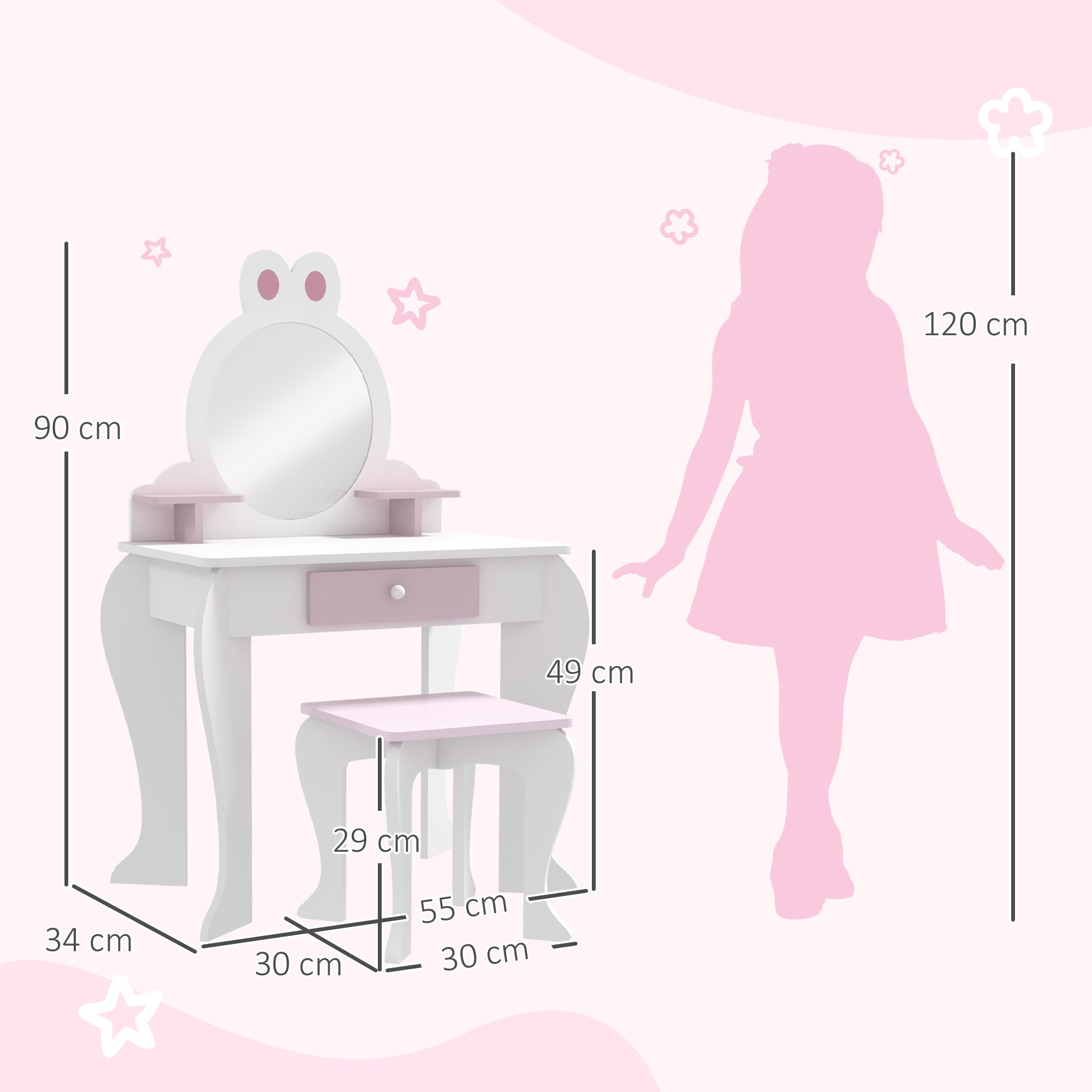 ZONEKIZ Bunny-Design Kids Dressing Table, with Mirror and Stool - White and Pink - North Peak Garden Furniture