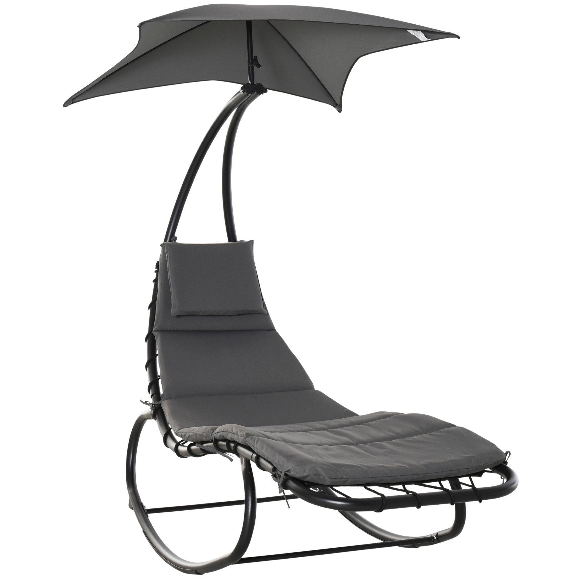 Outsunny Rocking Lounger with Canopy: Cushioned Patio Bed, Headrest Pillow for Alfresco Relaxation, Beige.