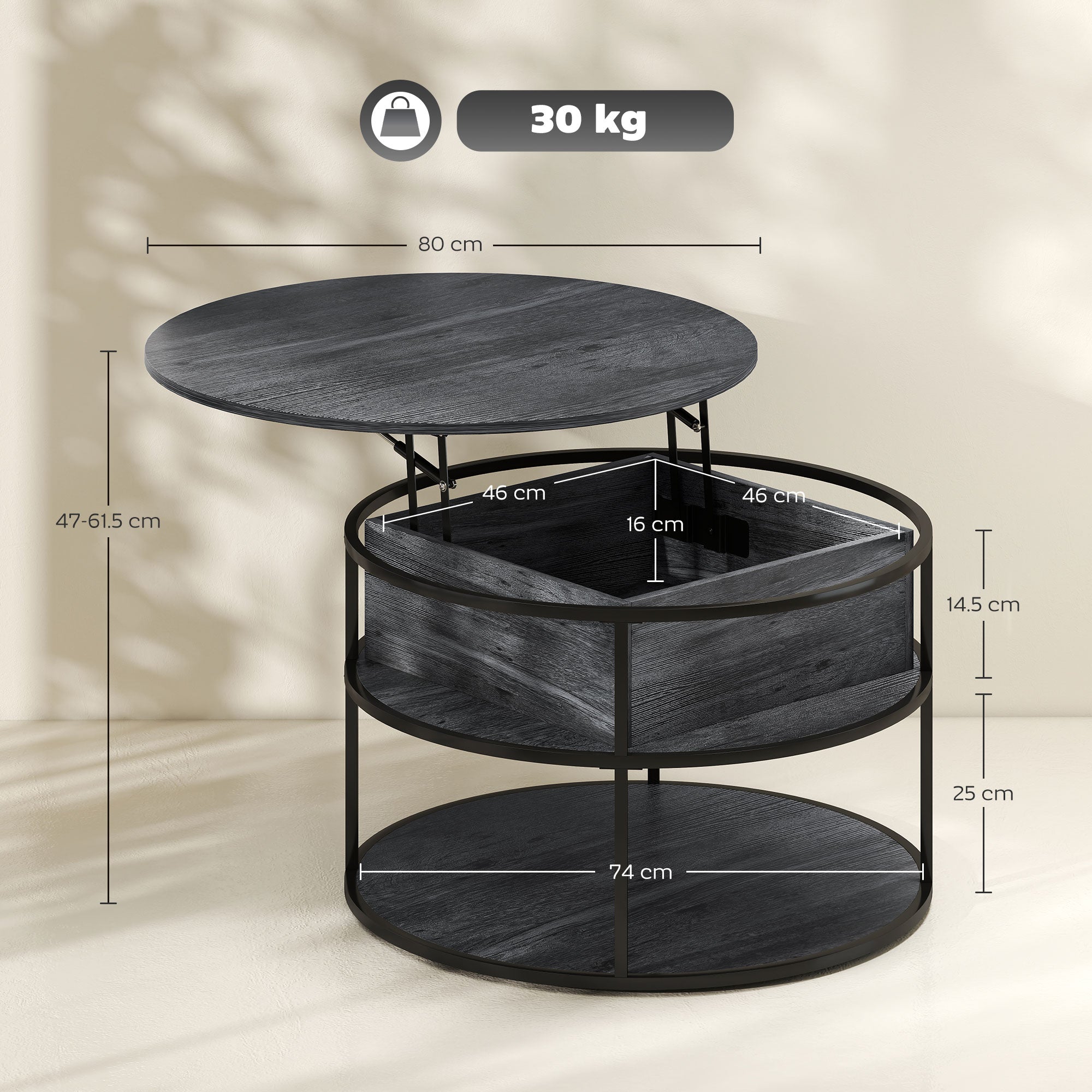 HOMCOM Lift Top Coffee Table, Round Coffee Table with Storage Shelf, Hidden Compartment and Steel Frame for Living Room, Home Office, Charcoal Grey - North Peak Garden Furniture