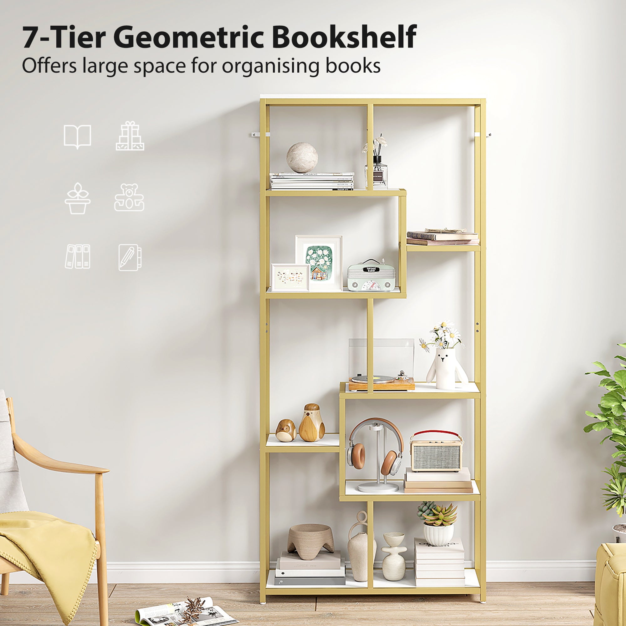 HOMCOM Seven-Tier Geometric Bookcase - White/Gold Tone