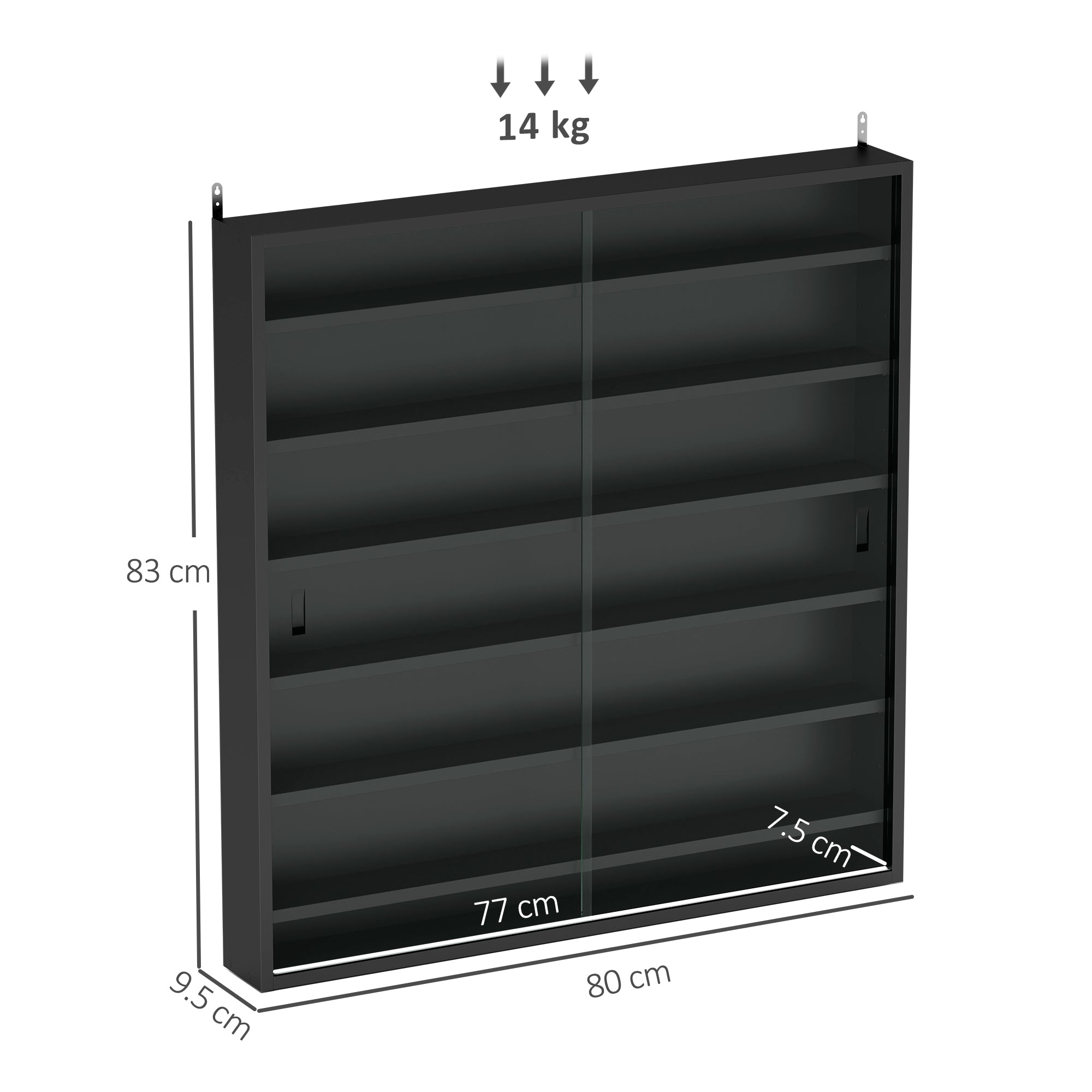 HOMCOM 7-Tier Wall Display Shelf Unit Cabinet w/ 6 Adjustable Shelves Glass Doors Home Office Ornaments 83x80cm, Black - North Peak Garden Furniture