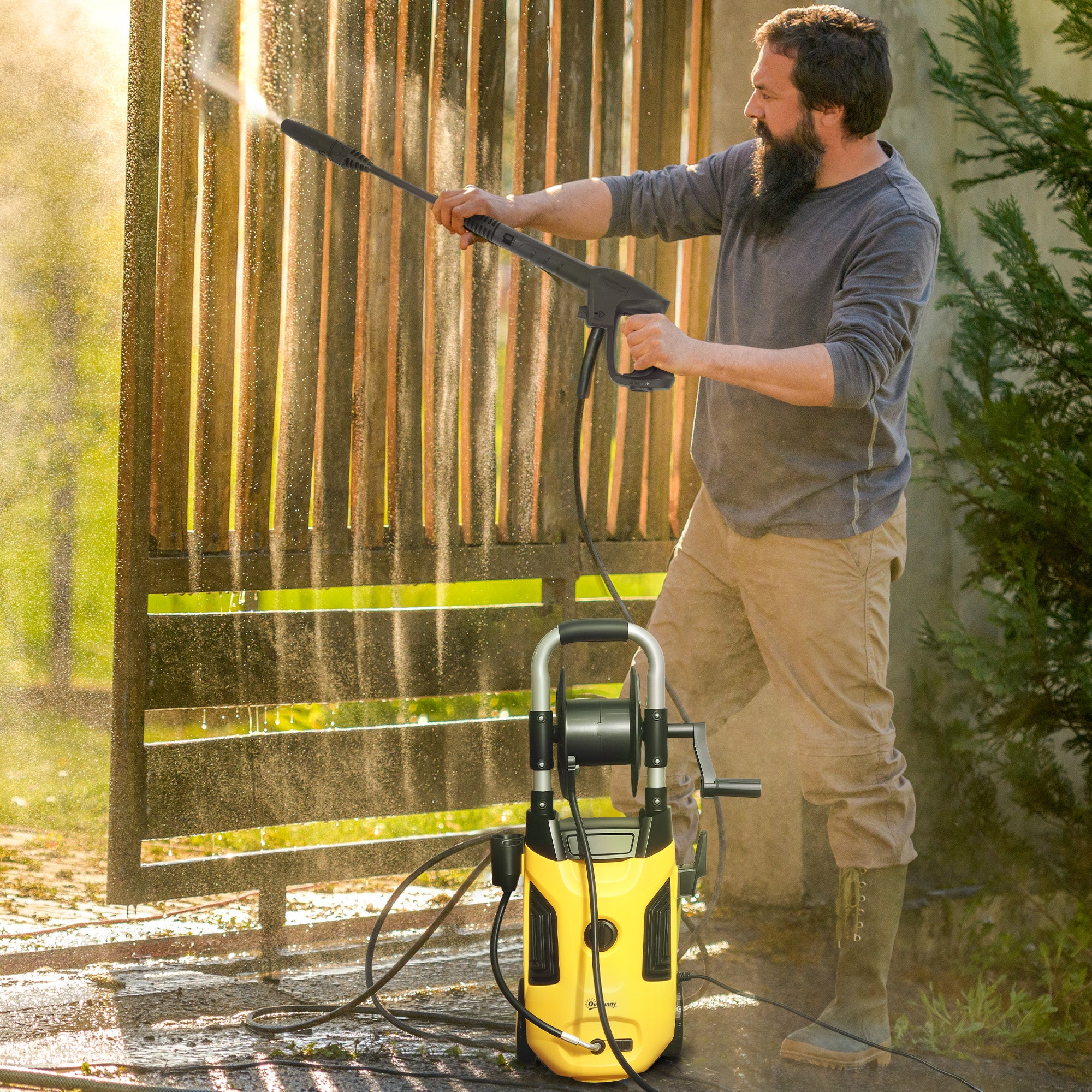 Outsunny 1800W High Pressure Washer, 150 Bar Pressure, 420 L/h Flow, Portable Power Washer Jet Wash Cleaner with Adjustable Nozzle, 6M Hose, Hose Reel, Steel Handle for Home Patio Car Driveway, Yellow