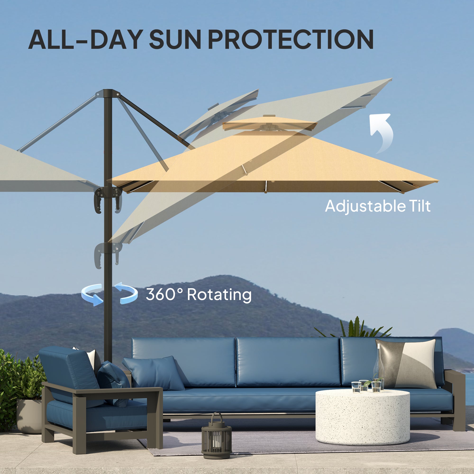 Outsunny 2.5m Cantilever Parasol with Solar Powered LED Lights, 360° Rotation, Tilt Adjustment, Crank Handle, Khaki - North Peak Garden Furniture
