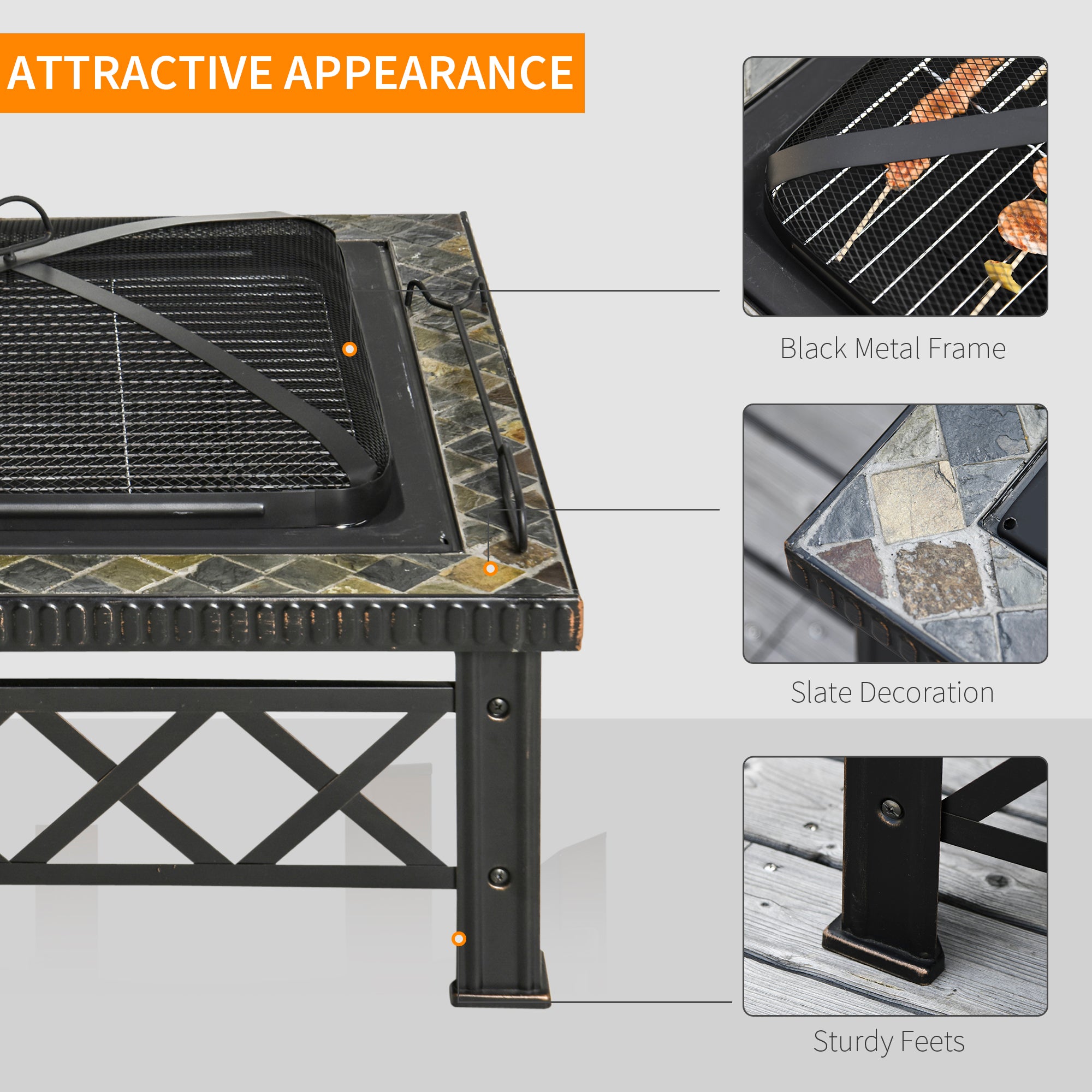 Outsunny Large Outdoor Fire Pit Table, 3 in 1 Square Wood Burning Firepit Metal Brazier, BBQ Grill, Ice Bucket w/ Grill Grate, Log Grate, Lid, Poker for Garden, Camping, Bonfire, 76 x 76 x 47cm, Black - North Peak Garden Furniture