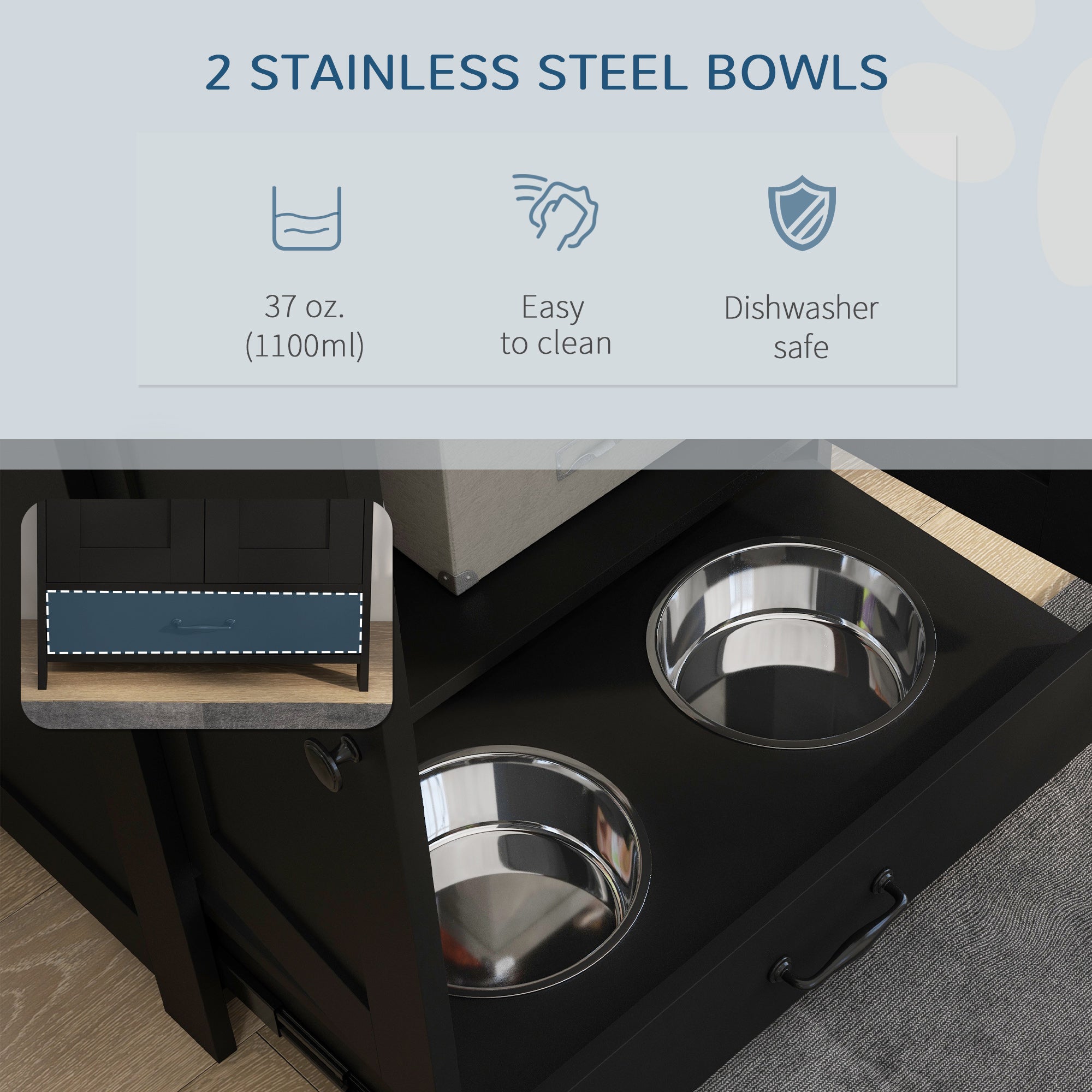 PawHut Pet Feeding Station with Raised Dog Bowls, Adjustable Panel, Hooks, Black