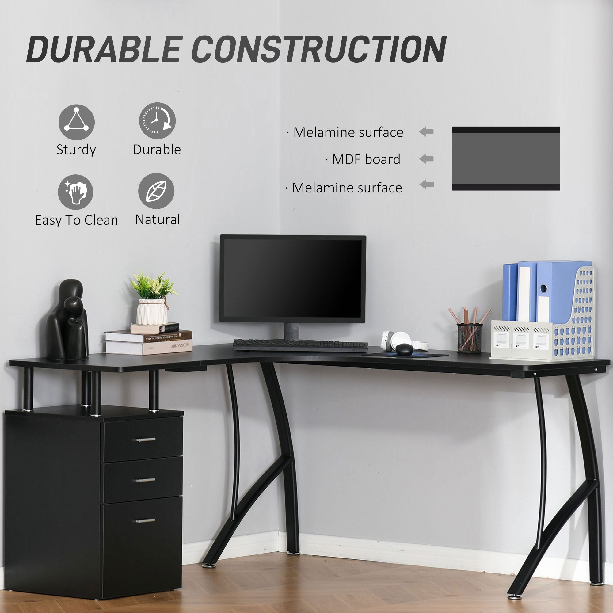 HOMCOM L-Shaped Computer Desk Table with Storage Drawer Home Office Corner Industrial Style Workstation for A4 Files 152 x 143.5 x 76cm, Black - North Peak Garden Furniture