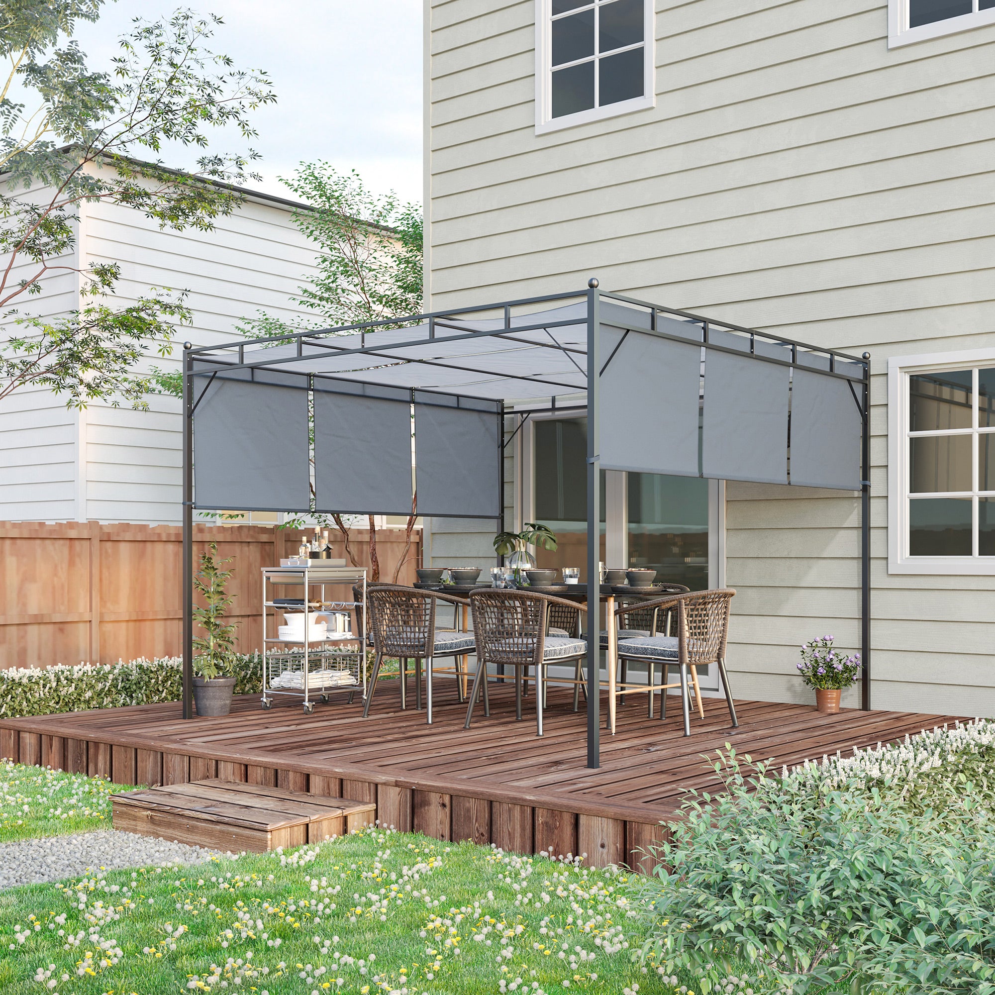 Outsunny 3 x 3(m) Steel Pergola Gazebo with Retractable Roof, Garden Gazebo Canopy Sun Shade Shelter for Outdoor, Deck, Patio, Dark Grey - North Peak Garden Furniture